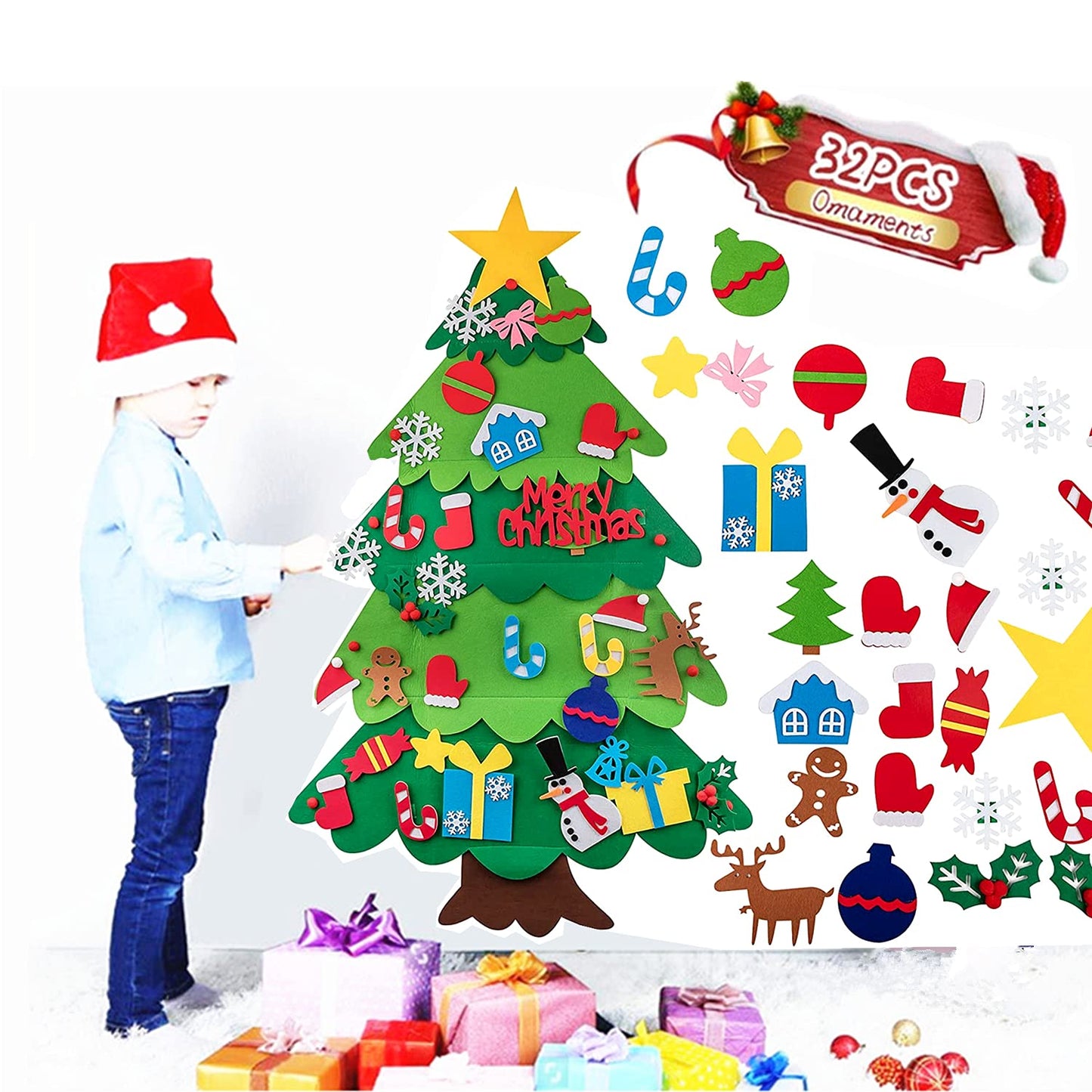ANTFEES 3.2 FT DIY Felt Christmas Tree Set for Kids Toddlers Wall with 32pcs Ornaments, Xmas Gifts, Door Wall Hanging Decorations