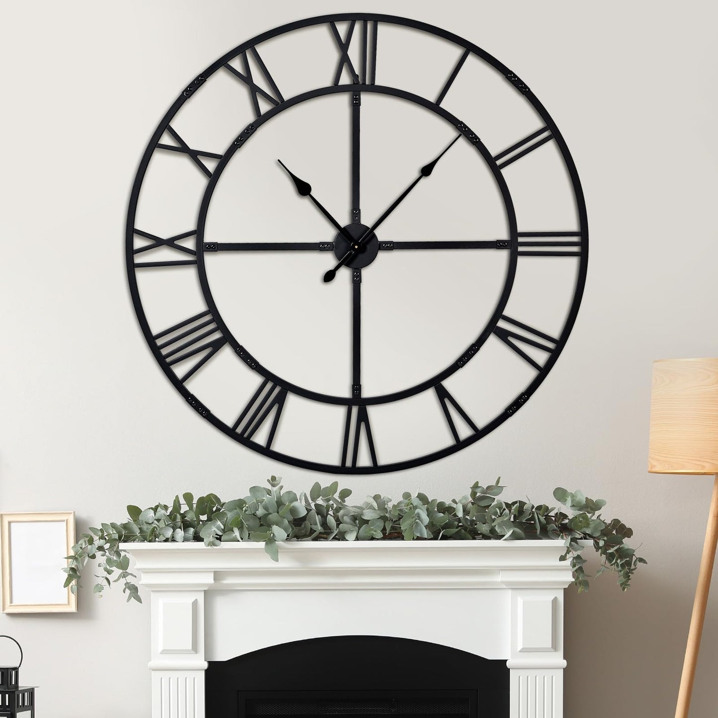 Ohweog 48 inch Oversized Easy-Assembly (KD) Wall Clock for Living Room Decor – Extra Large Silent Non-Ticking Modern Farmhouse Wall Clock, Decorative Metal Roman Numeral Clock, Black