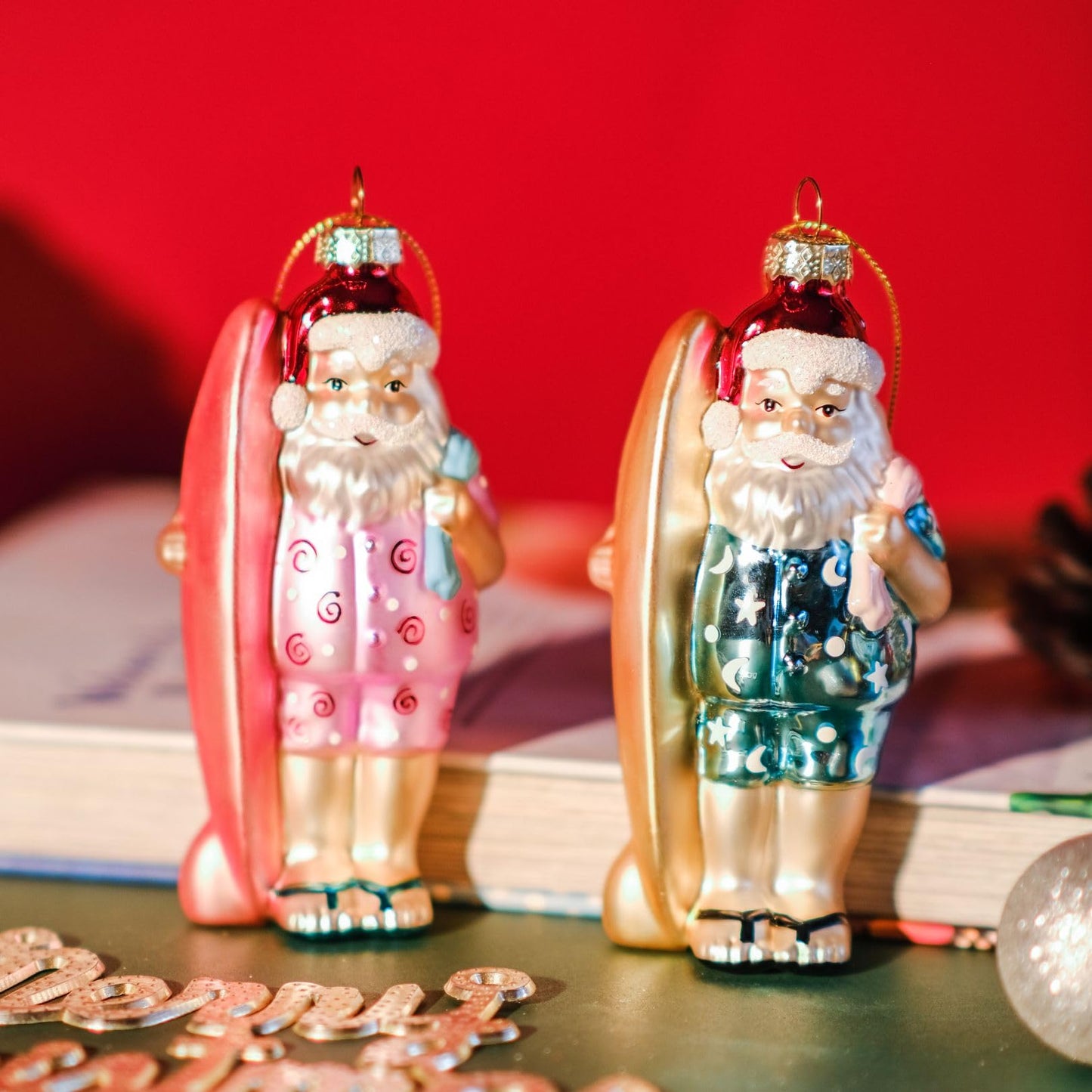 Amanman Beach Glass Ornaments Set - 2 Pack Funny Hand Blown Glass Christmas Ornaments Surfing Santas, Coastal Sea Glass Decor - 5" Christmas Tree Decorations