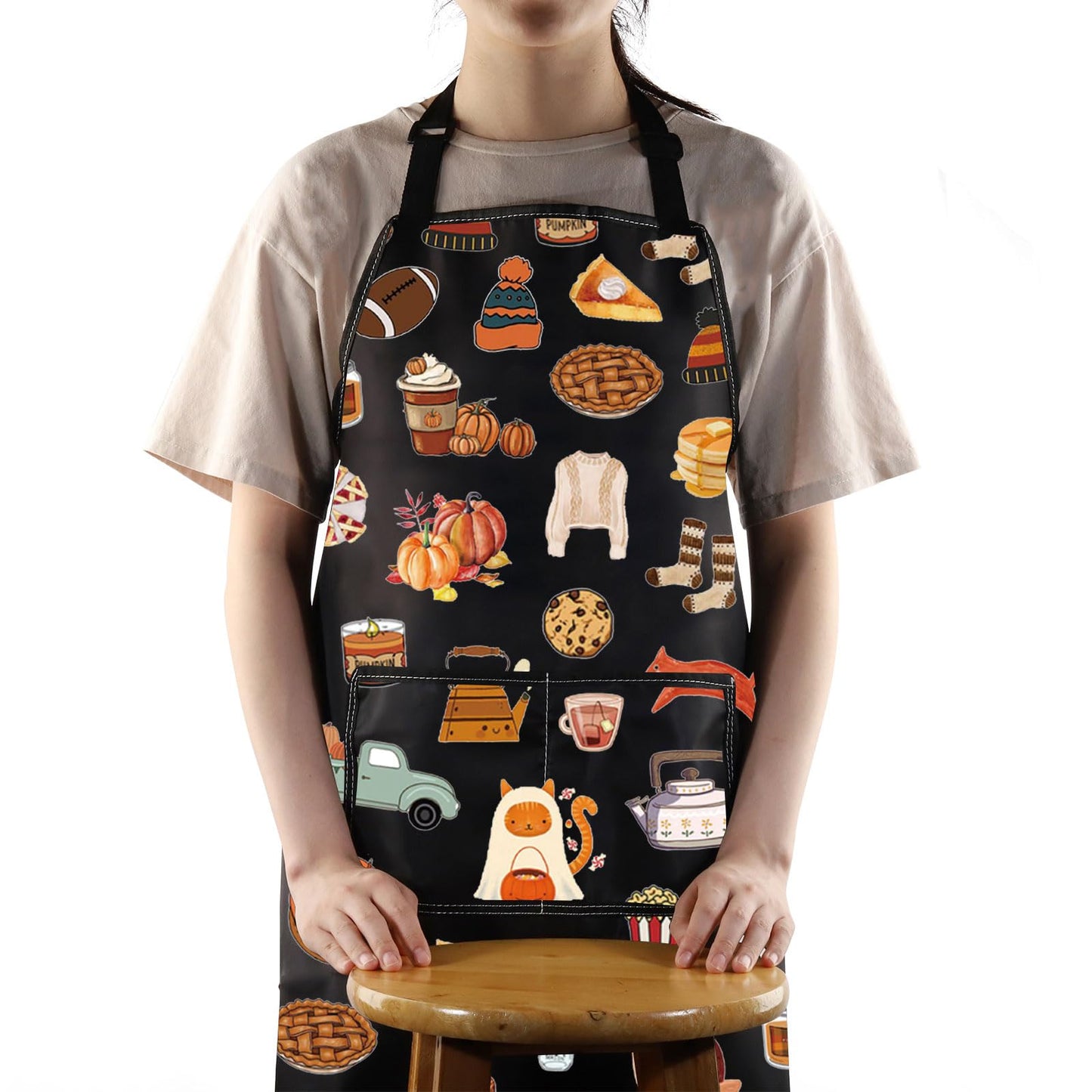 G2TUP Fall Vibes Kitchen Apron Autumn Apron With Pockets Pumpkin Season Apron Fall Theme Kitchen Gifts (CatSweater)