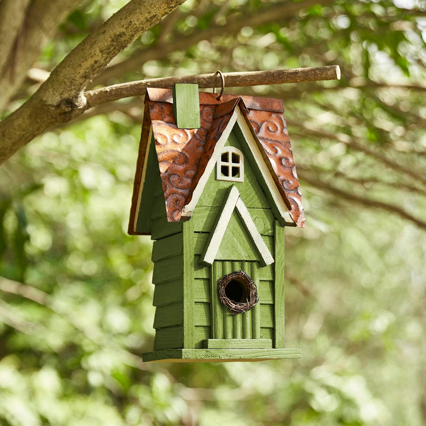 Glitzhome 12" H Green Hanging Distressed Solid Wood Garden Bird House Decorative Birdhouse