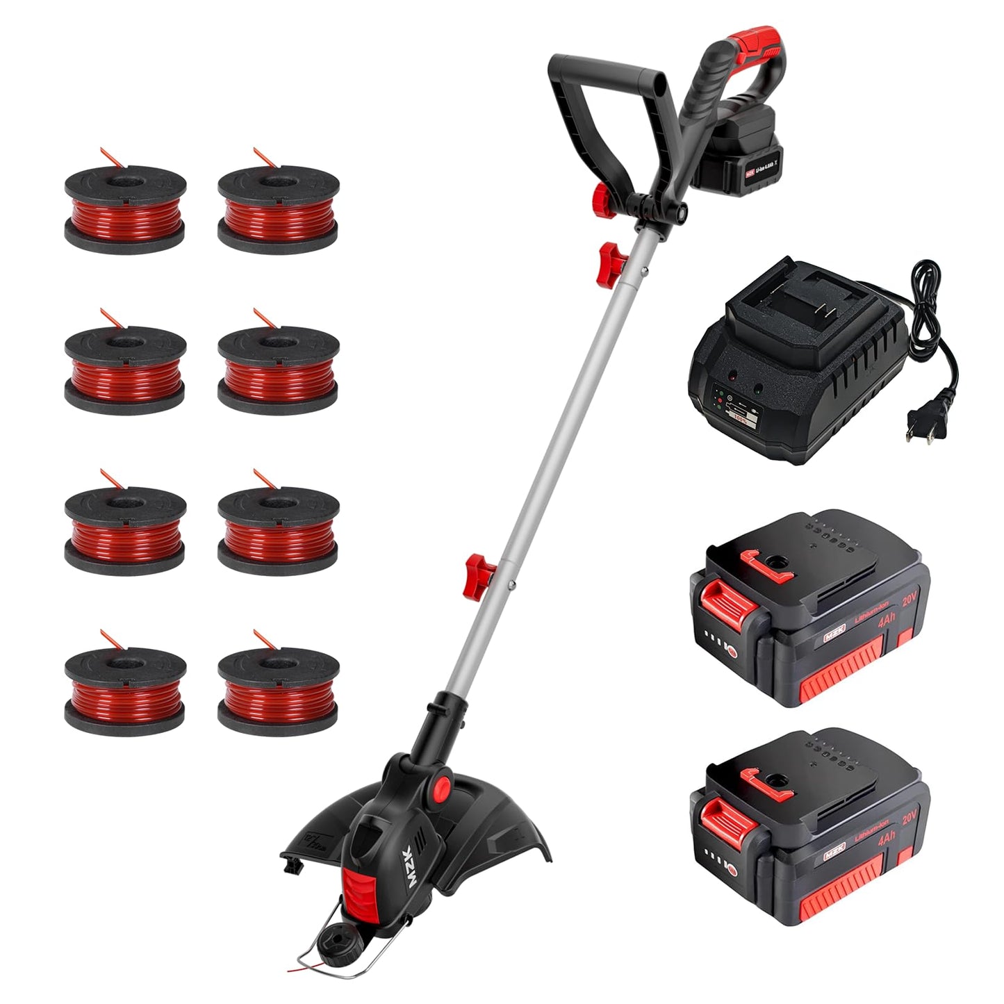 MZK 20V 12'' Cordless String Trimmer, Grass Trimmer&Edger with 8 Replacement Spools, Battery Powered Weed Trimmer with Auto Line Feed for Garden, Lawn(2 * 2AH Battery and Charger Included),ST12D07