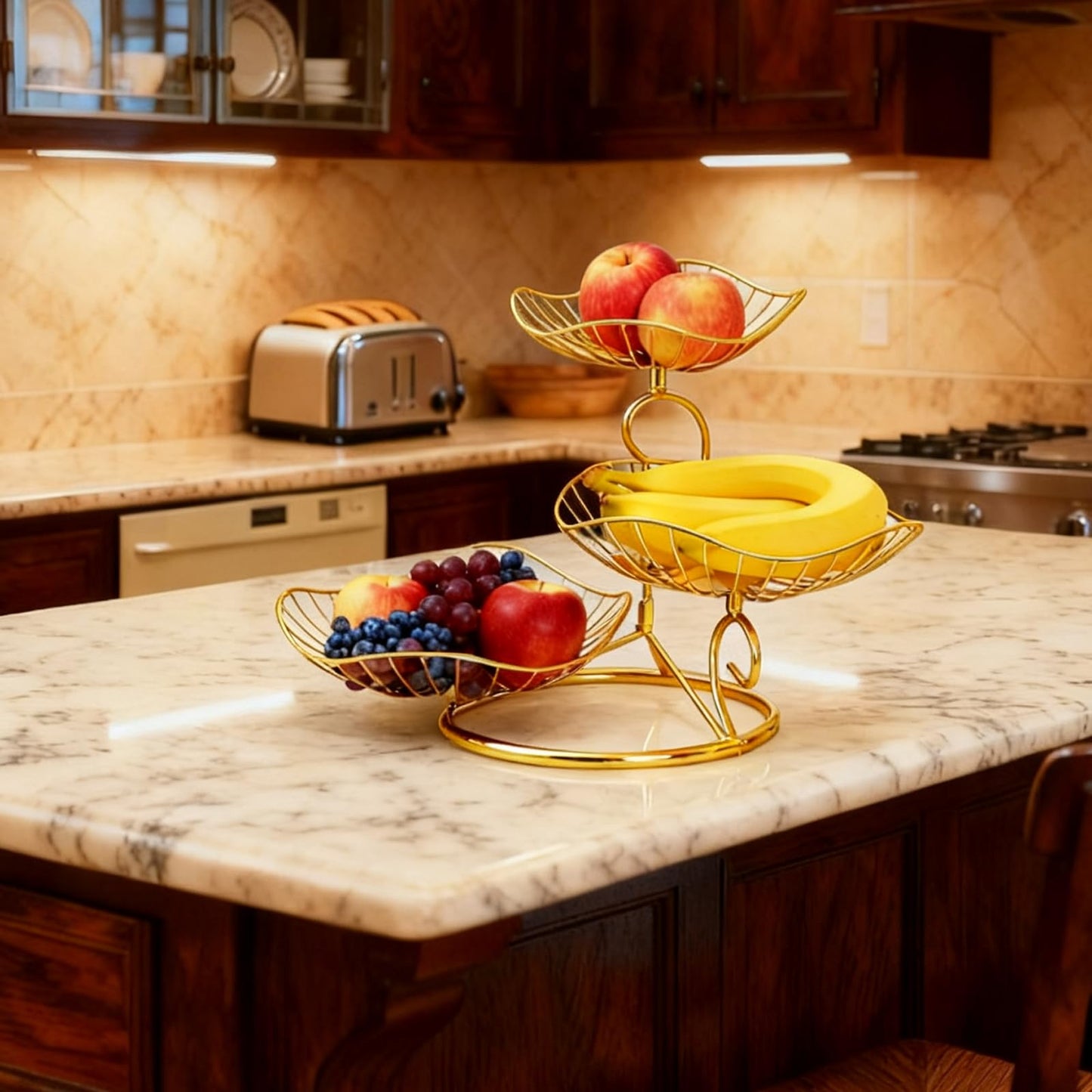 Patravious 3-Tier Fruit Basket, Gold Fruit Basket, Fruit Organizer, 3 Tier Basket Stand Suitable for Kitchen/Living Room