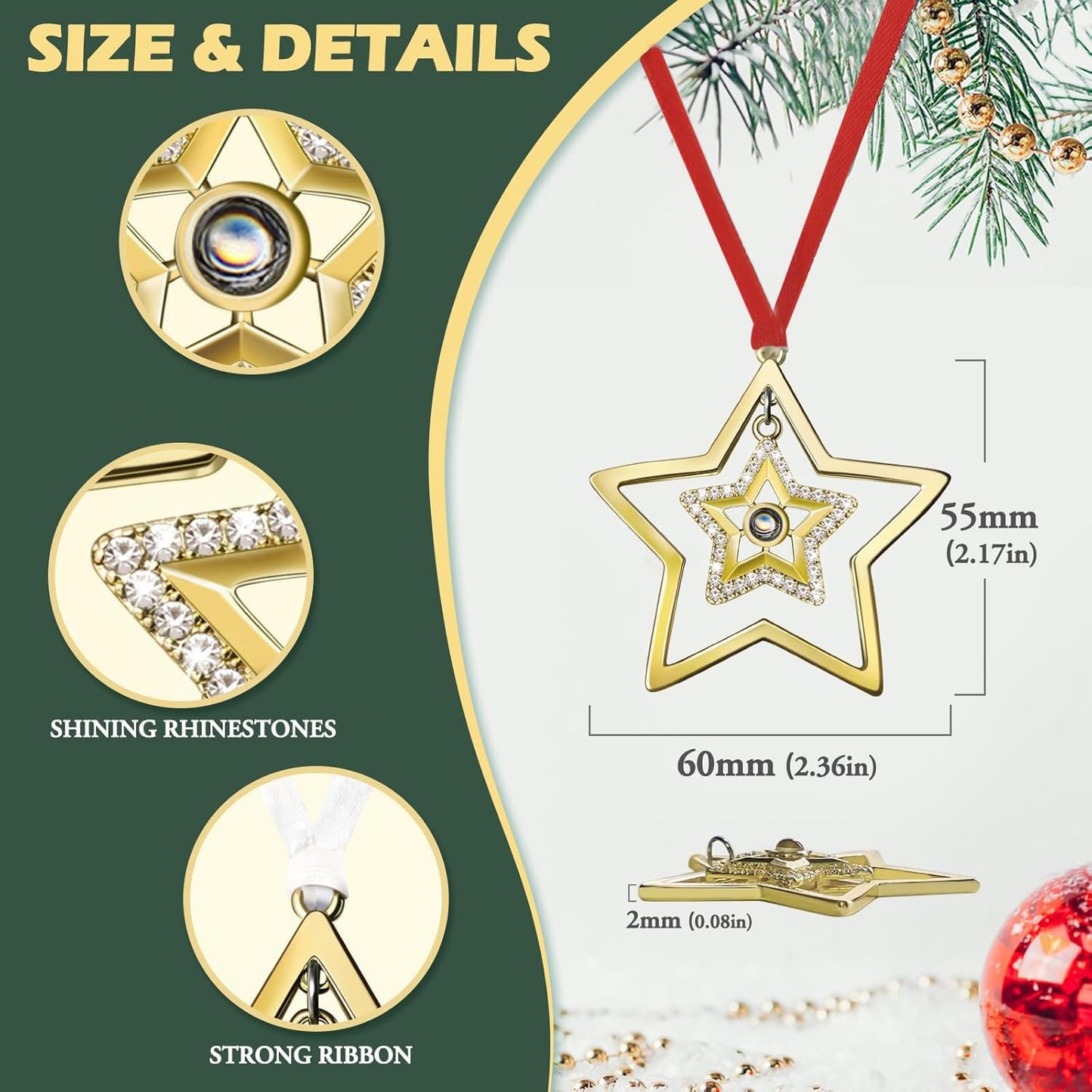 Set of 3 Christmas Hanging Ornaments - Silver Snowflake Star Pawprint Christmas Tree Decor for Xmas Tree Gift Decorative Hanging Ornaments Hanging Pendants (3, Golden Star)