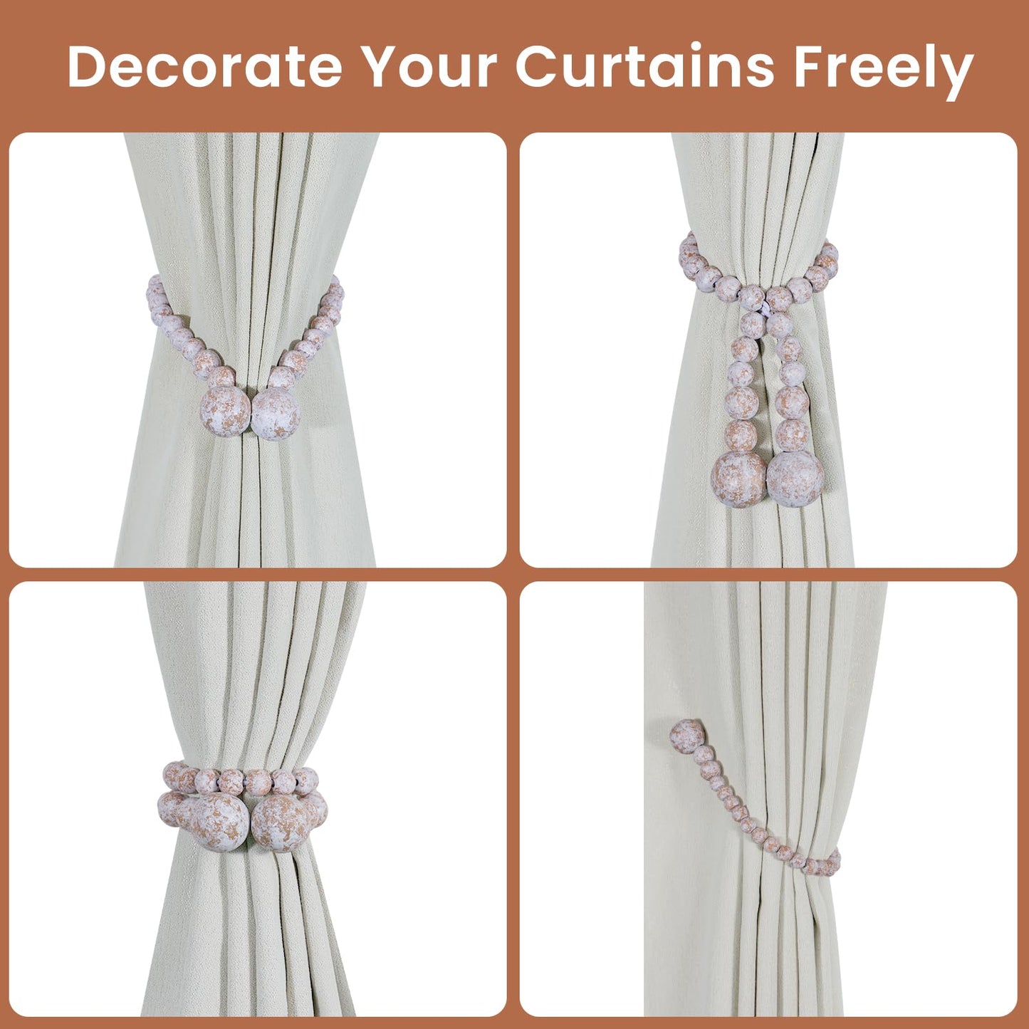 KLOGTSIND Magnetic Curtain Tiebacks, Curtain Tie Backs for Curtains 2 Pack, Wood Bead Curtain Tiebacks, Curtain Holders for Boho Bedroom Decor, Baby Nursery Decor, Farmhouse Decor