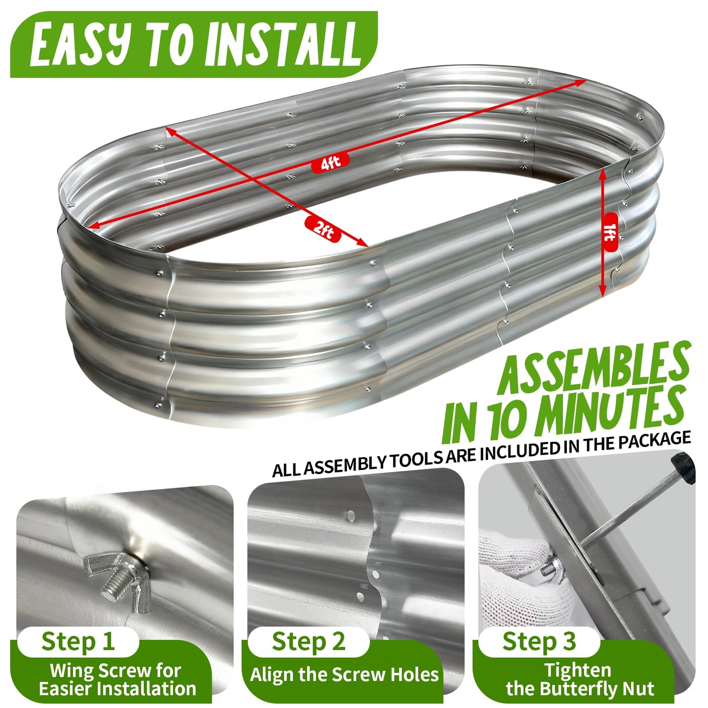 AmazStove Galvanized Raised Garden Bed Kit, 2-Pack 4x2x1 FT & 2-Pack 6x3x1 FT Planter Garden Boxes Outdoor, Oval Large Metal for Vegetables Fruits, Flowers Planter Boxes, Easy Assembly Garden Bed Kit