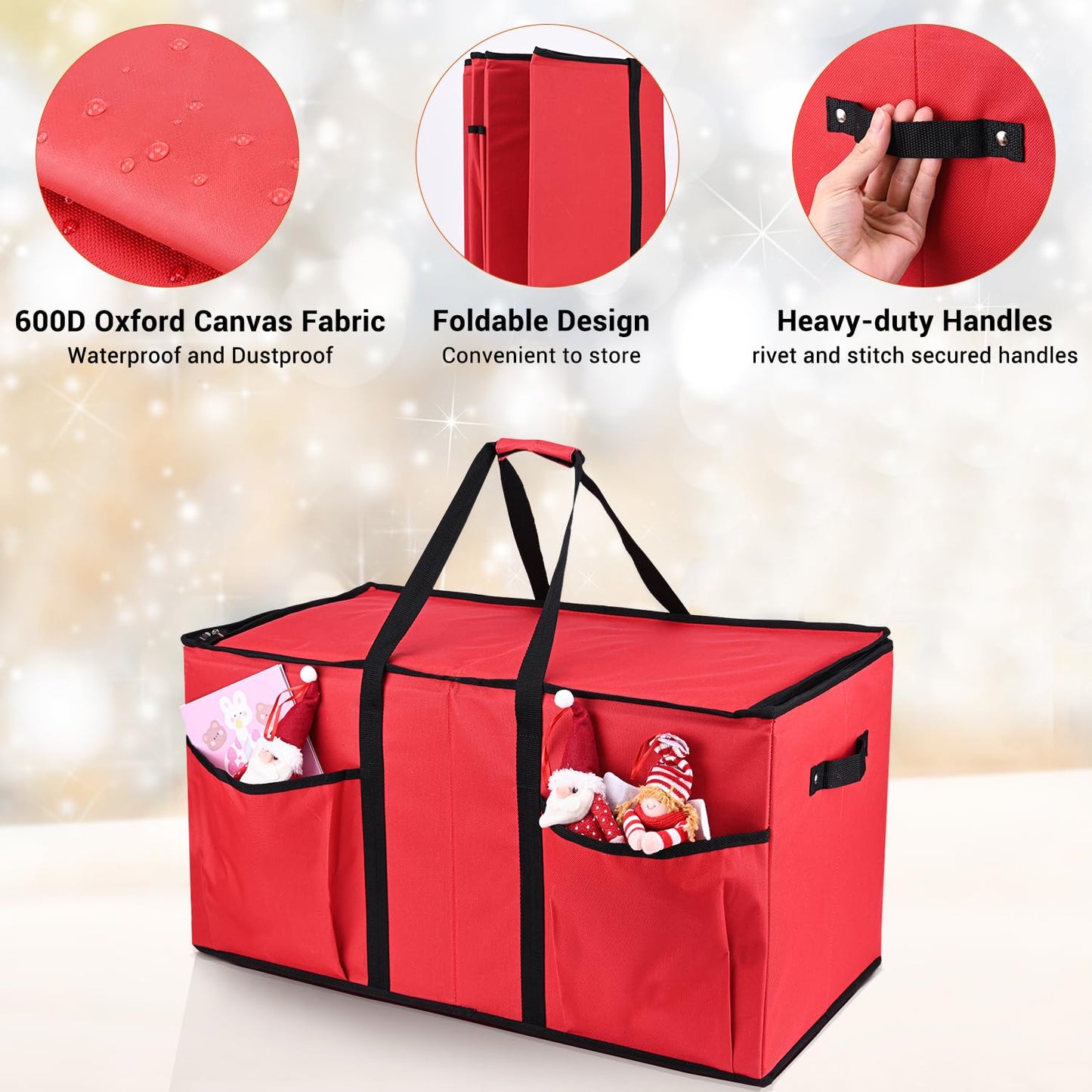 Mrrihand Christmas Ornament Storage Box, Xmas Decoration Organizer with Adjustable Dividers - Storage Container Keeps 128 Holiday Ornaments 3-Inch, Dual Zipper Closure, 600D Tear-Proof Material(Red)