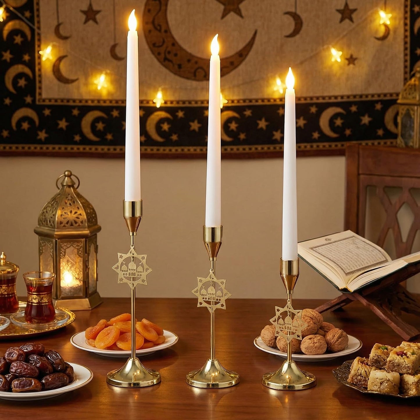 Ceenna 3 Pcs Ramadan Candle Holders, 3 Size Mosque Candlestick Holders, Gold Candle Holder for Eid Mubarak Ramadan Decorations Table Centerpiece Mantel Decor Housewarming Gifts