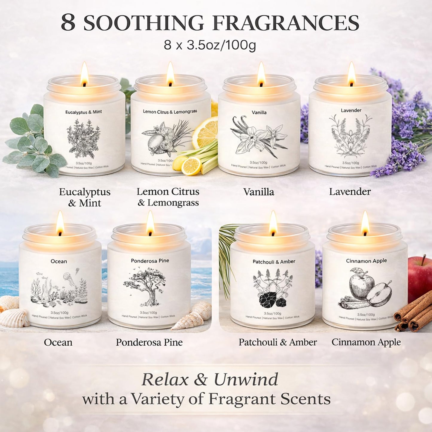Scented Candles for Home, 8 Pack Soy Wax Gift Set for Women, Aromatherapy Candles, Lavender, Vanilla, Eucalyptus Mint, Ocean