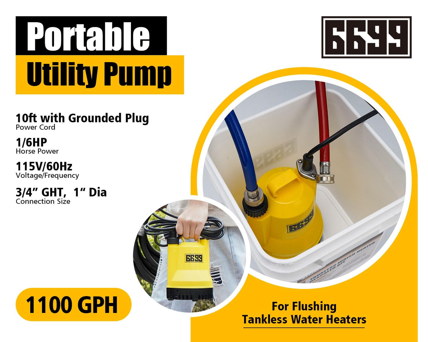 6699 Tankless Water Heater Flushing Kit Includes 1/6HP Submersible Sump Pump with Two Adapters & 3 Gallons Pail with Bucket Lid Opener & Two 1/2” Dia X 6’ PVC Hoses with Washers