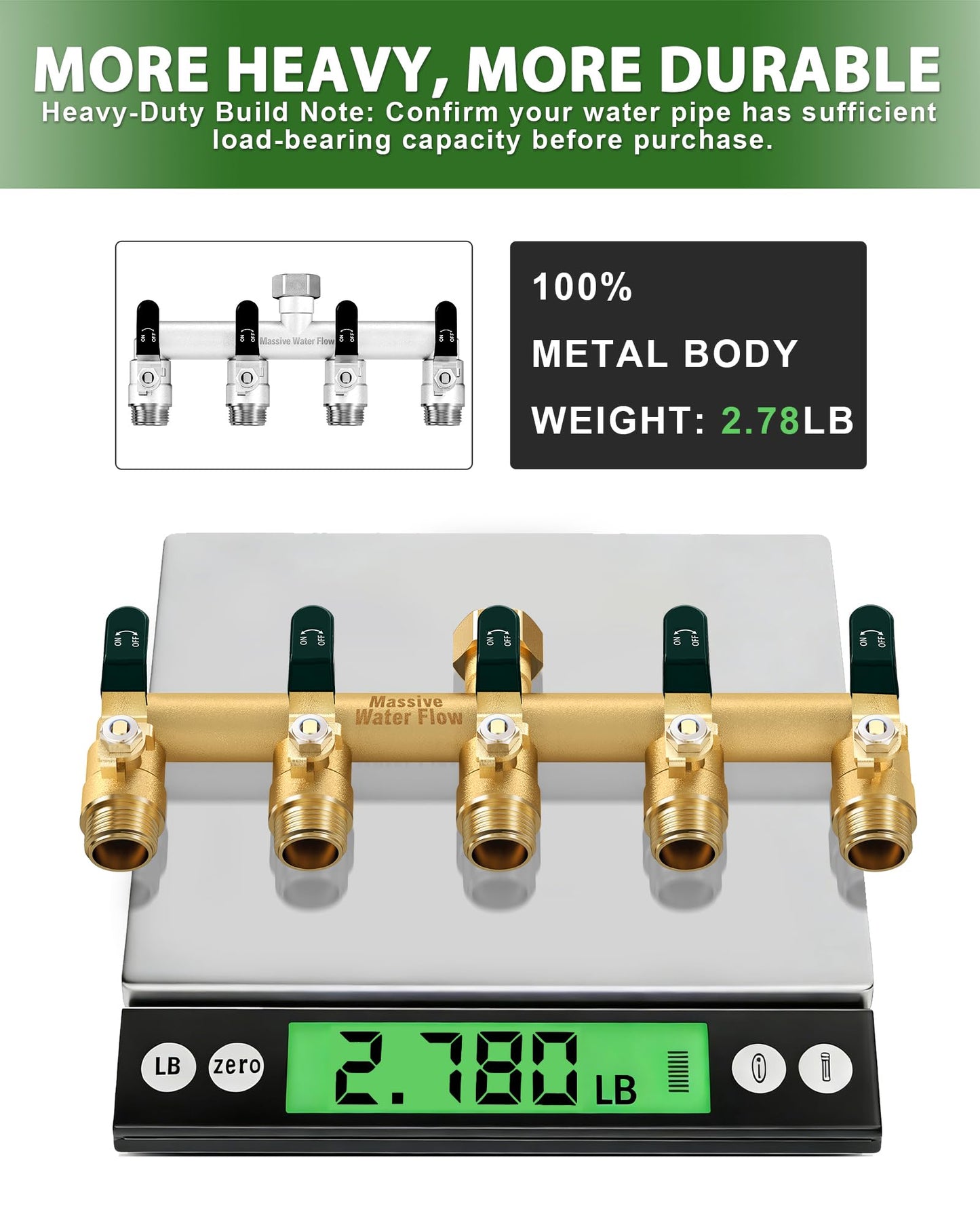 5 Way Hose Splitter, Heavy Duty Full Flow Garden Hose Splitter with 5 Large Metal Handles, Brass Water Hose Bib Splitter, T Adapter Connector with 3/4 - Inch GHT Thread (Green)