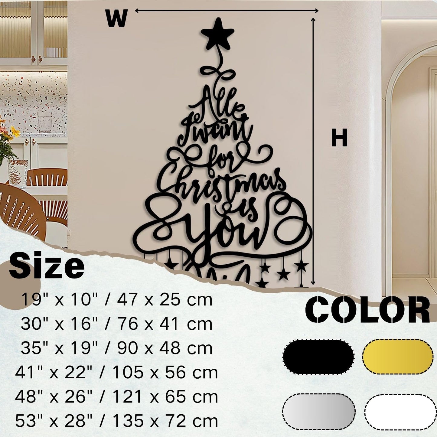 Merry Christmas Tree Metal Wall Decor, Christmas Tree Metal Wall Art for Ling Room, Bedroom, Office (Black,59" x 31" / 150 x 80 cm)
