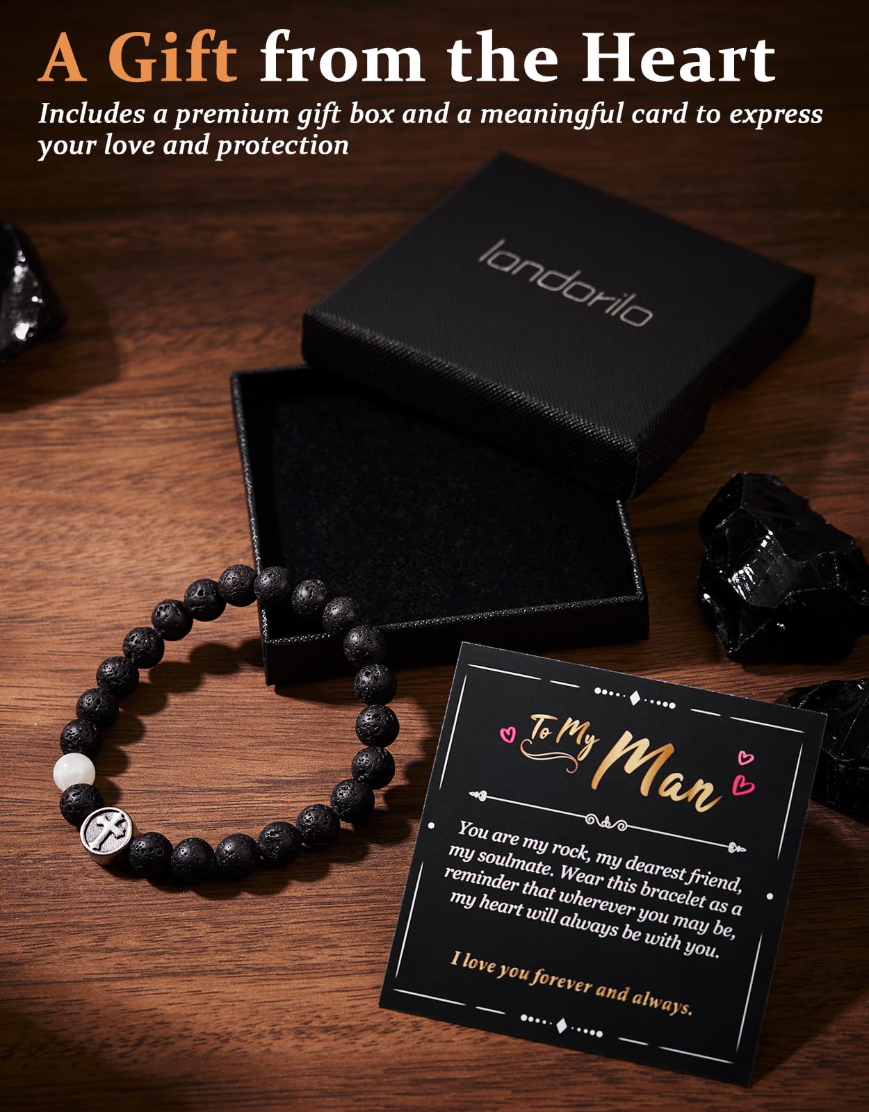 Landorilo Gifts for Men, 8mm Cross Natural Stone Beaded Bracelets, Volcanic Rock Healing Bracelet, Handmade Mens Jewelry Gift for Him, Husband, Son, Father, Friend(Happy Birthday-7.5in)