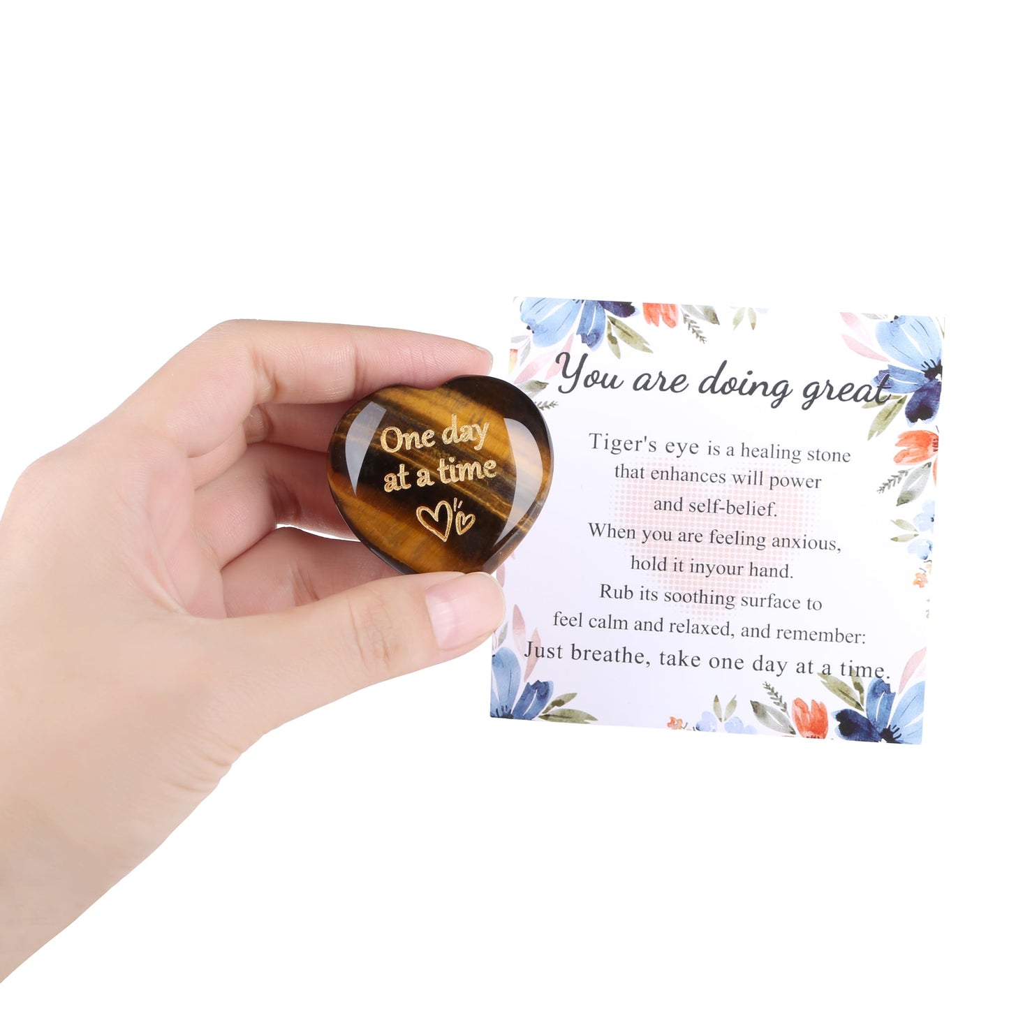 QINJIEJIE Tiger Eye One Day at A Time Heart Stones Healing Crystal Thinking of You Gifts for Anxiety Relief Items You Got This Inspirational for Best Friend Encouragement Gift for Women Men