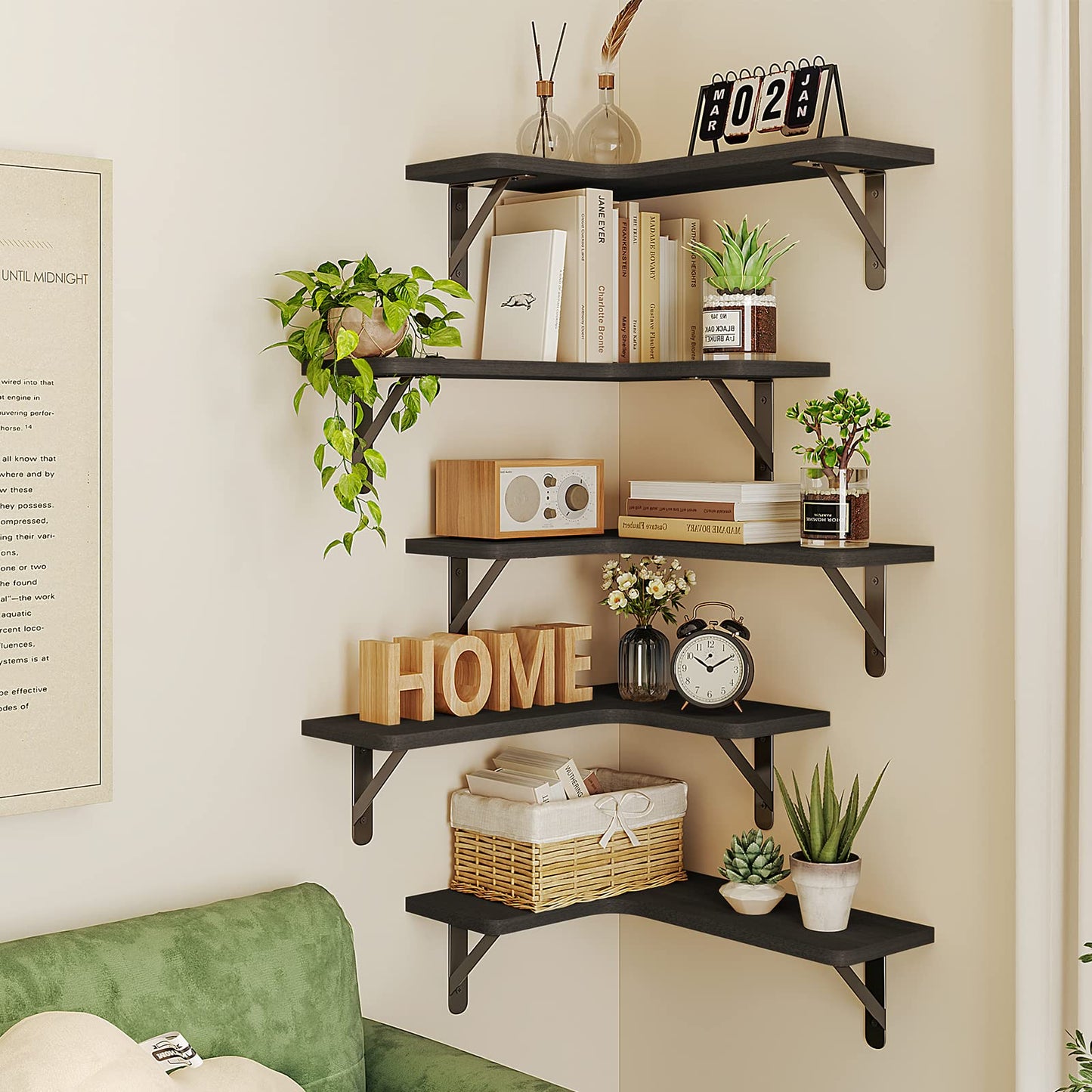 Fixwal Corner Shelves Floating Shelves for Wall Bathroom Kitchen Bedroom Home Decor Laundry Room Living Room Set of 5 (Black)