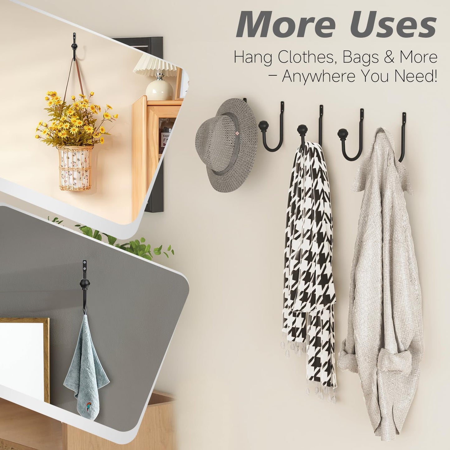 Hion Curtain Holdbacks Black 2pcs, Curtain Tiebacks Wall Mounted Curtain Hooks Holders for Drapes