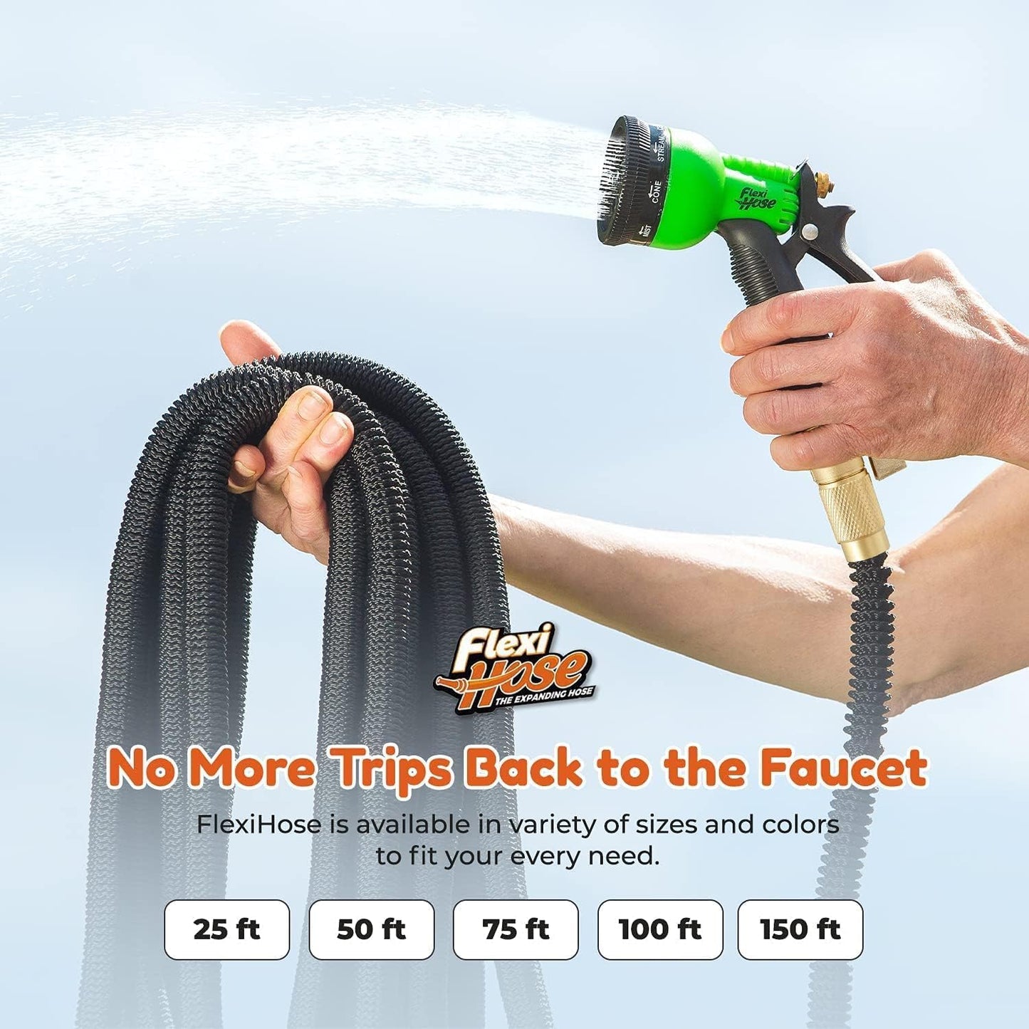 Flexi Hose Expandable Garden Hose with 8 Function Nozzle, 50FT - Lightweight Retractable Garden Hose, Water Hose - No-Kink Flexibility, 3/4 Inch Solid Brass Fittings and Double Latex Core