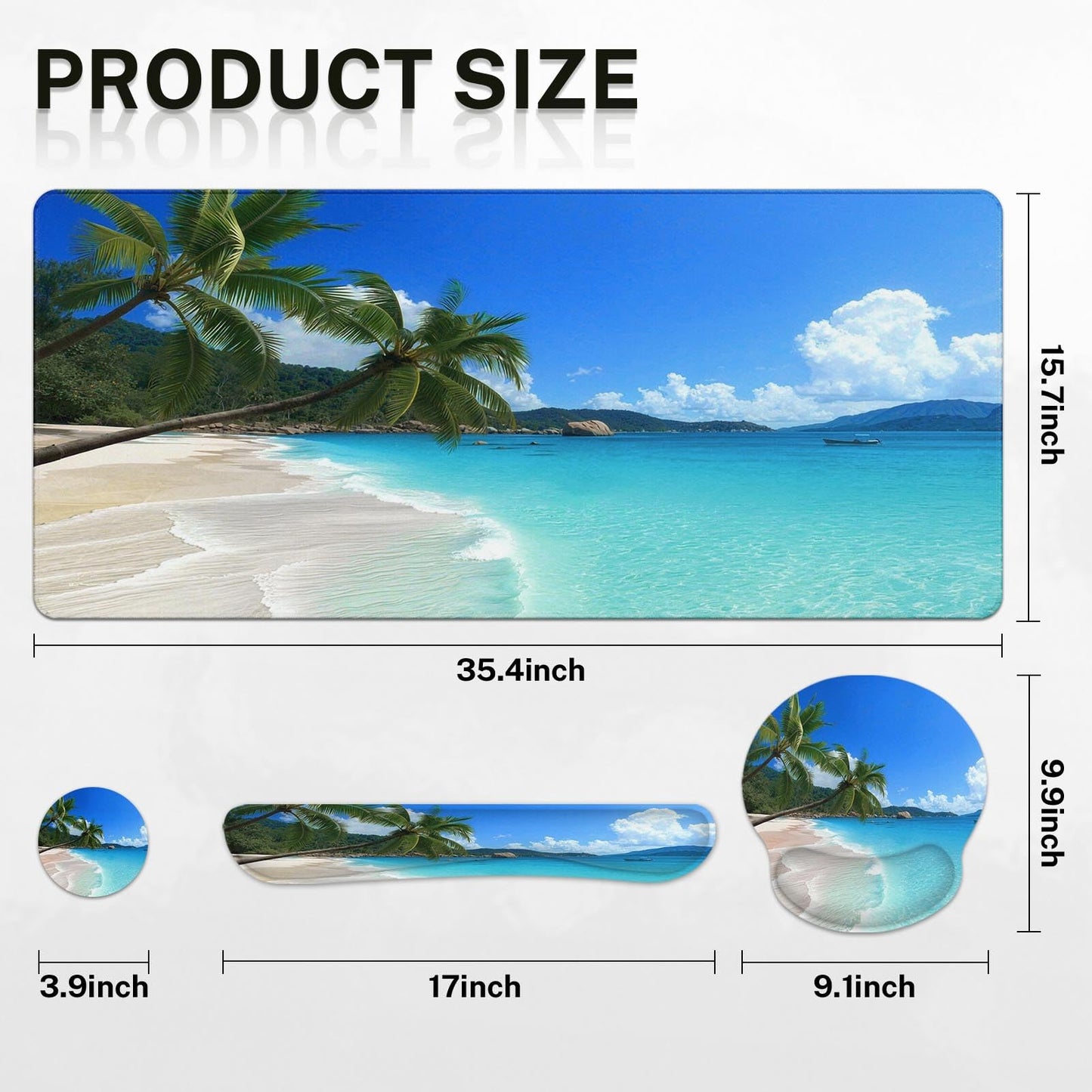 Arttown Tropical Sunshine Beach Desk Mat Summer Ocean Mouse Pad Set 4 in 1 Ergonomic Design Large Desk Pad + Keyboard Wrist Rest + Mouse Wrist Rest + Coaster Suitable for Home Office Study Game