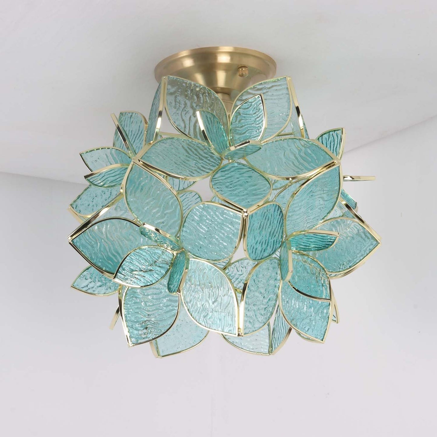 Bieye L11048 Flower Petals Tiffany Style Stained Glass Close to Ceiling Light for Home Decor (Light Blue, 12" Rose Lily)