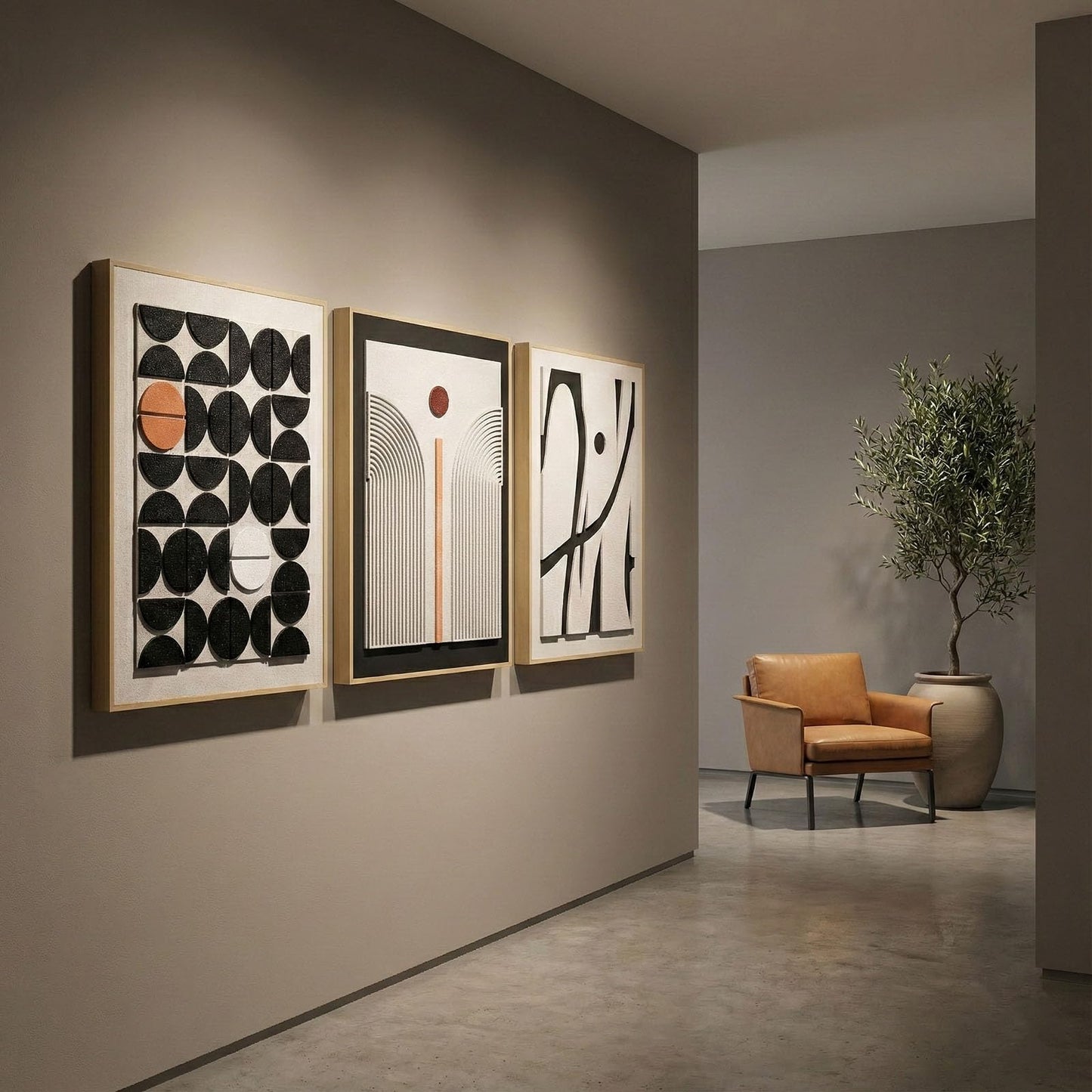 Large 3D Textured Framed Abstract Wall Art for Living Room, 3 Piece Modern Boho Artwork for Walls, Black White Orange Geometric Sandstone Texture Pictures for Hallway Office Home Decor 24x36 In