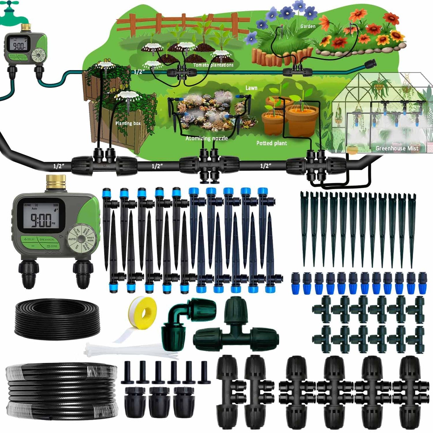 Drip Irrigation System with Water Timer for Garden,Main ID 1/2inch 32Ft and 1/4inch 136Ft Water Hose, 2-Zone Watering System Sufficient Water Pressure, Irrigation Dripper Waterflow Evenly Easy DIY