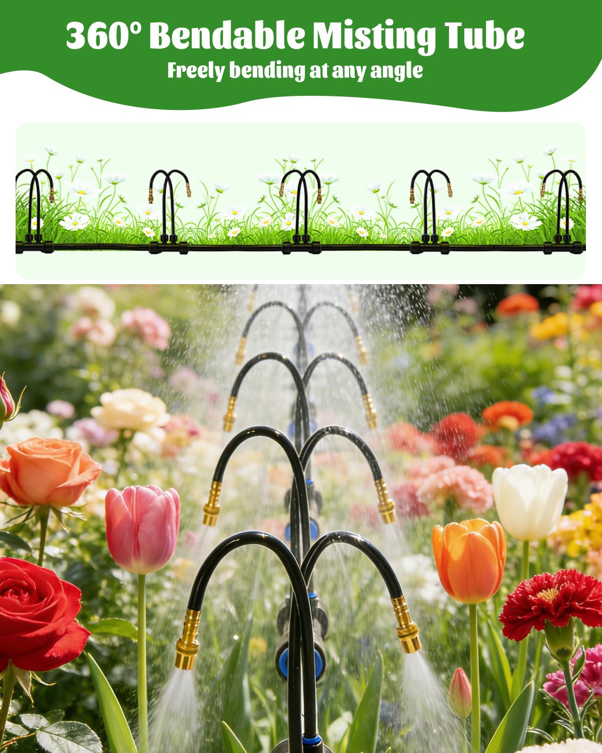 66FT Drip Irrigation System with 40 Nozzles, Automatic Drip Irrigation Kit, Garden Watering System with Dual-Head 360° Bendable Spray Nozzles for Lawn, Raised Bed (66FT, 40 Nozzles)