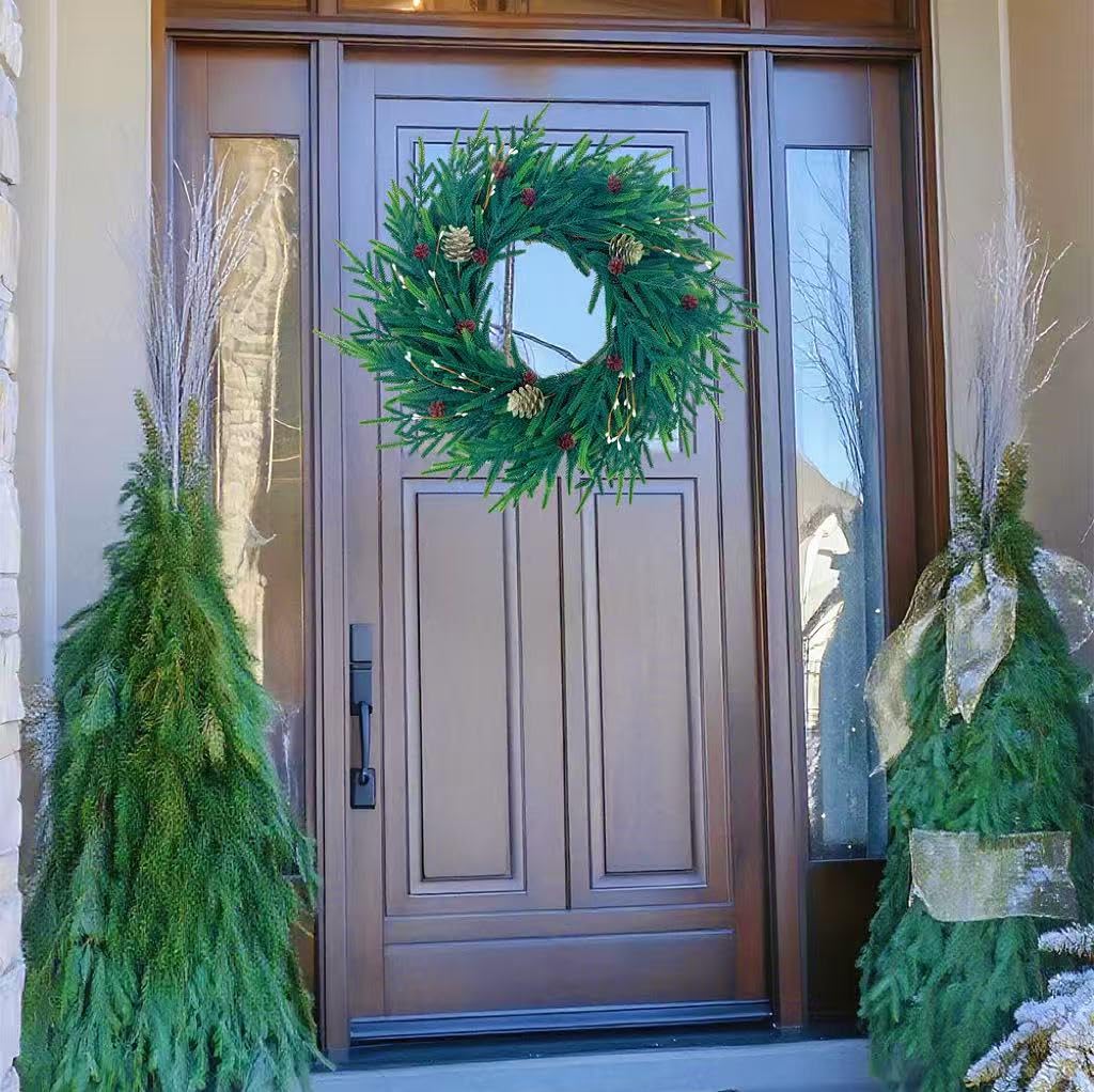 20 Inch Christmas Wreath for Front Door, Artificial Realistic Green Pine with Gold Pinecone, Door Wall Window Fireplace Party Decor