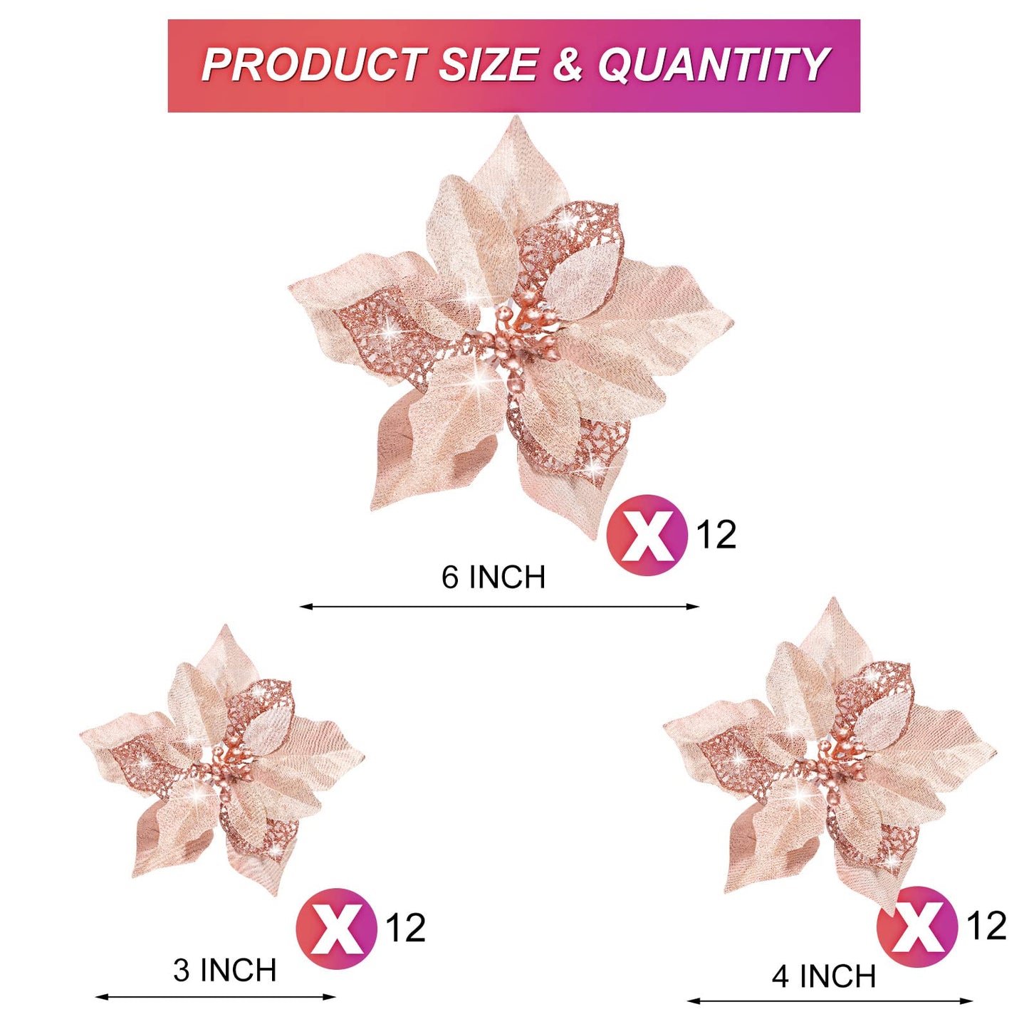 WILLBOND 36 Pieces Christmas Poinsettia Glitter Faux Flowers Christmas Artificial Flowers Tree Ornaments Topper Xmas Decorations(Rose Gold)