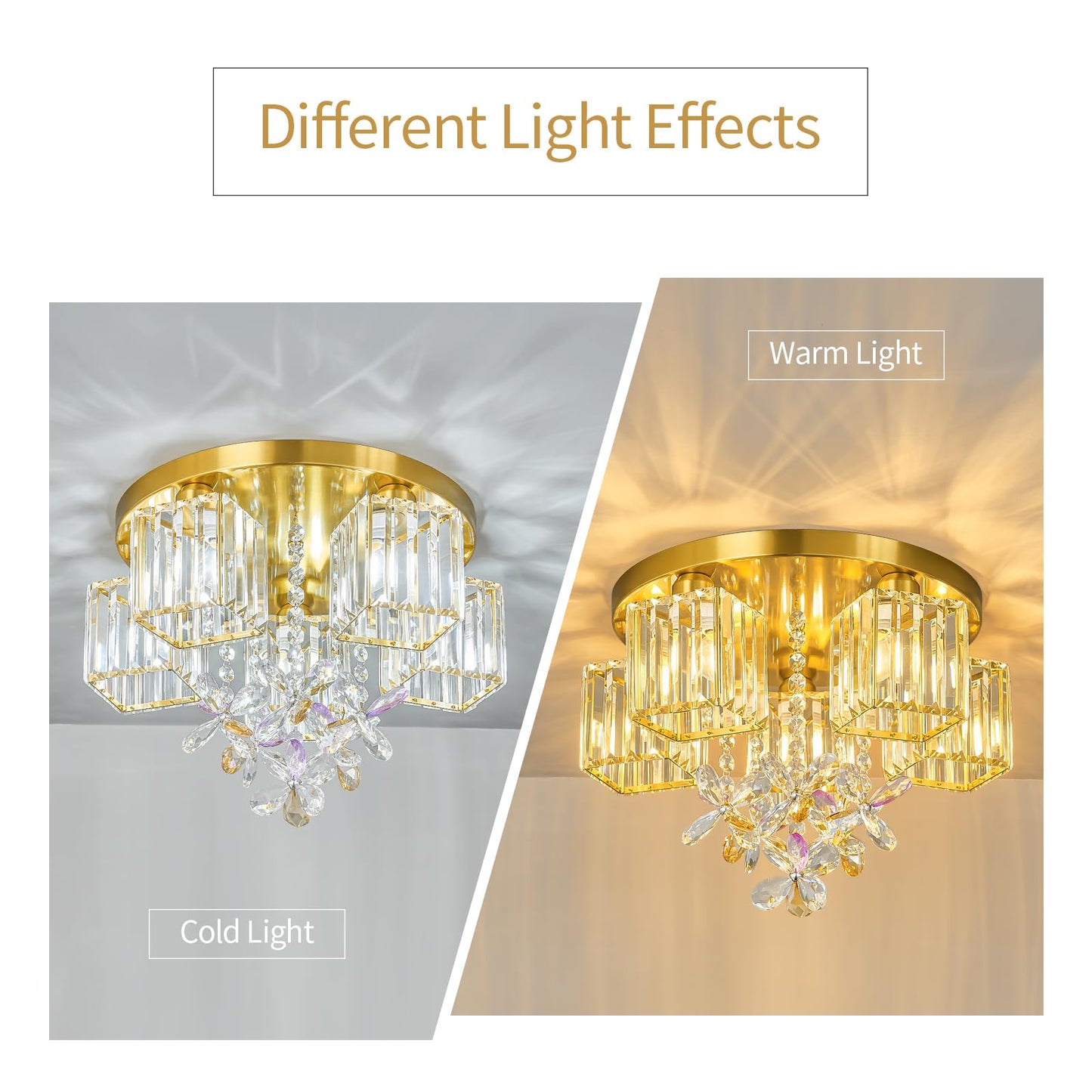 zhllmq 5 Light Gold Crystal Ceiling Light Flush Mount Ceiling Light Crystal Close to Ceiling Light Fixtures for Living Room Bedroom Kitchen Hallway