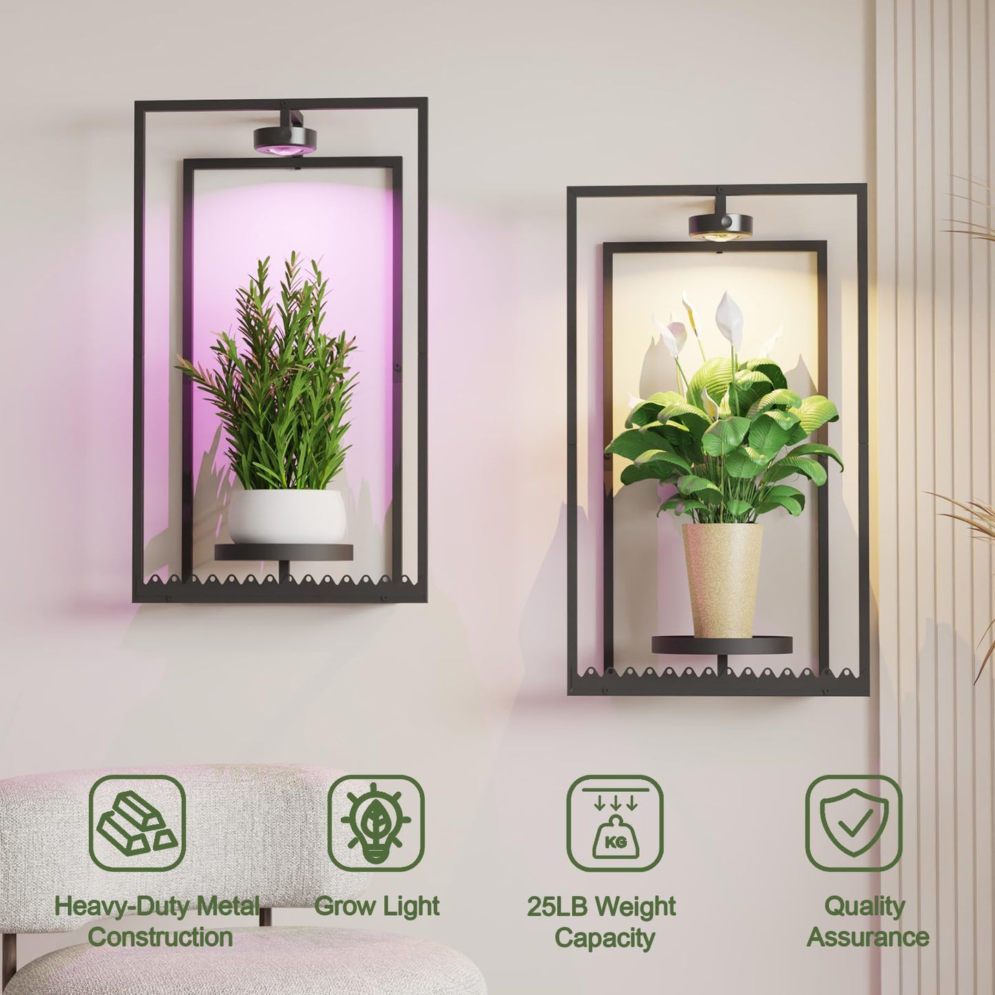 Starxing Wall Plant Shelf with Grow Lights, Remote Control Indoor Plant Holder Stand for Hanging Planters, Modern Framed Wall Decor for Living Room, Home L-2PK