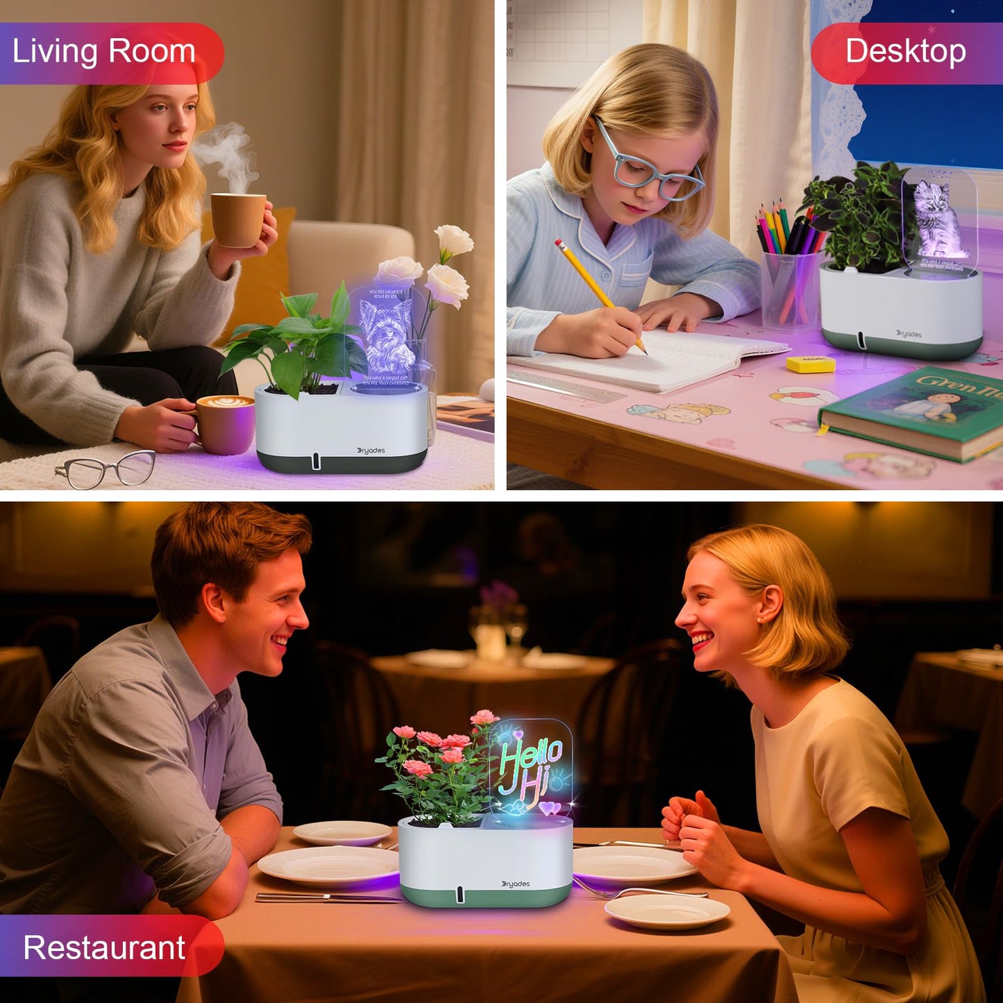 Self-Watering Plant Pot with LED Note Board & 7 Colors Pen Acrylic Message Board with Light Acrylic Dry Erase Board, Led Cat Board Night Light with Planting Pot for Christmas(No Plant&Seed)