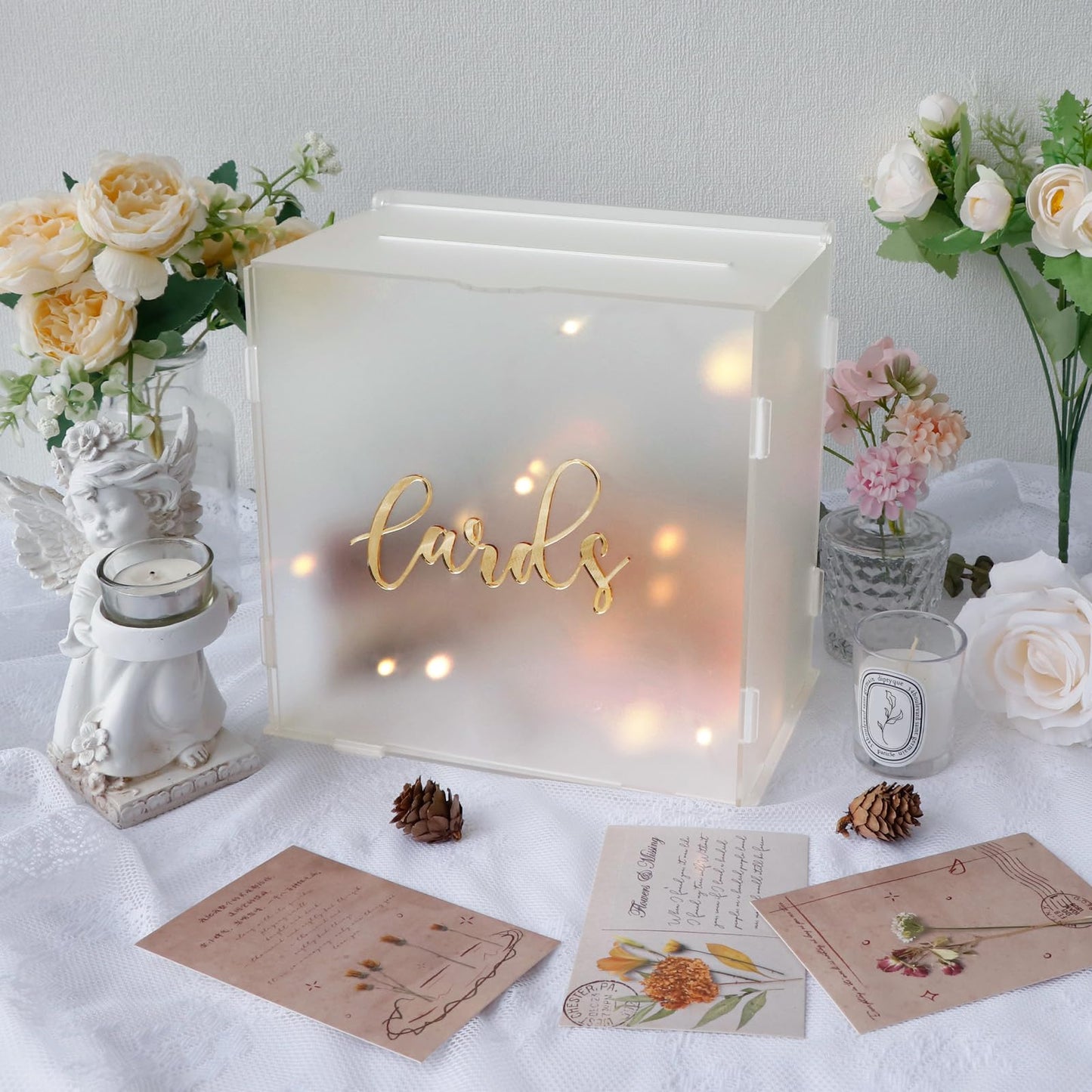OurWarm Acrylic Wedding Card Box with String Light, Frosted Gift Card Box for Wedding Decorations for Reception, Money Box for Bridal Shower Decorations Party Reception Anniversary