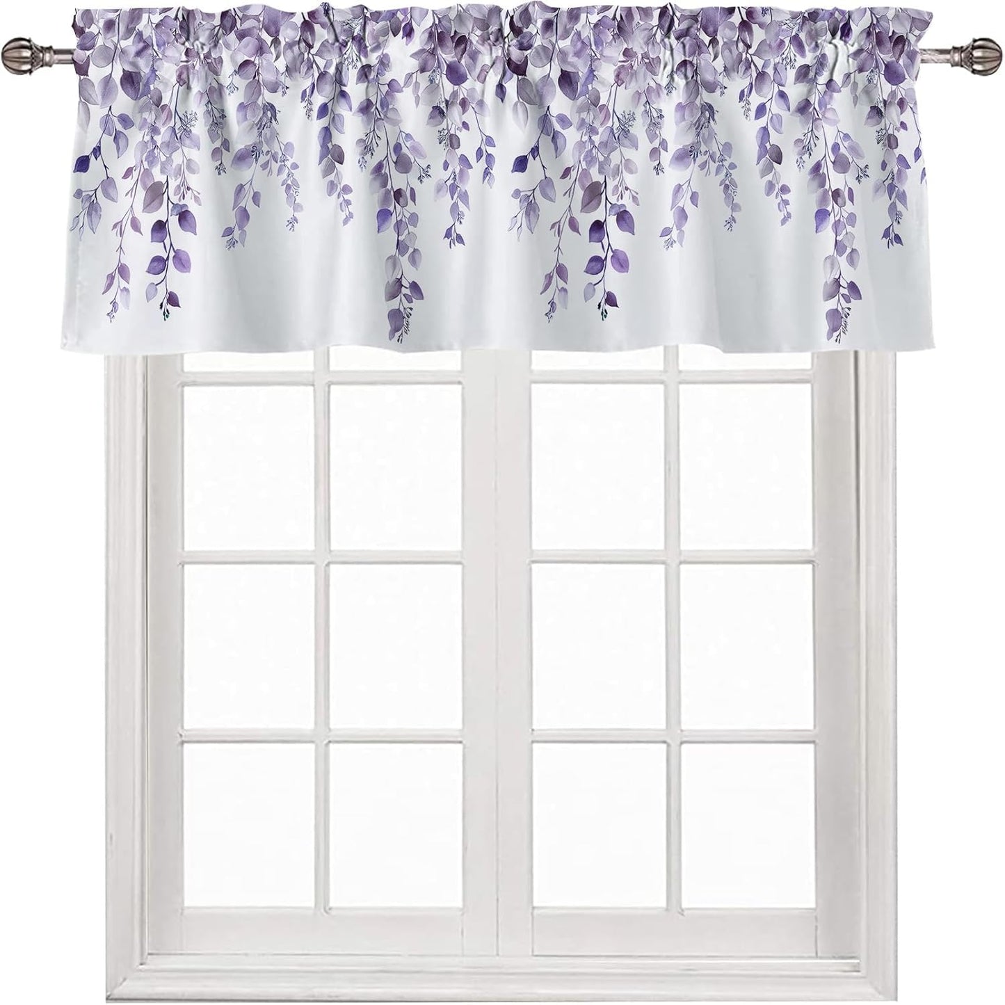 Potanhugie Valances for Windows Purple Eucalyptus Leaf Rod Pocket Cafe Window Treatments Valance Curtains for Kitchen Bathroom Laundry Basement Windows 42 x 12 inch