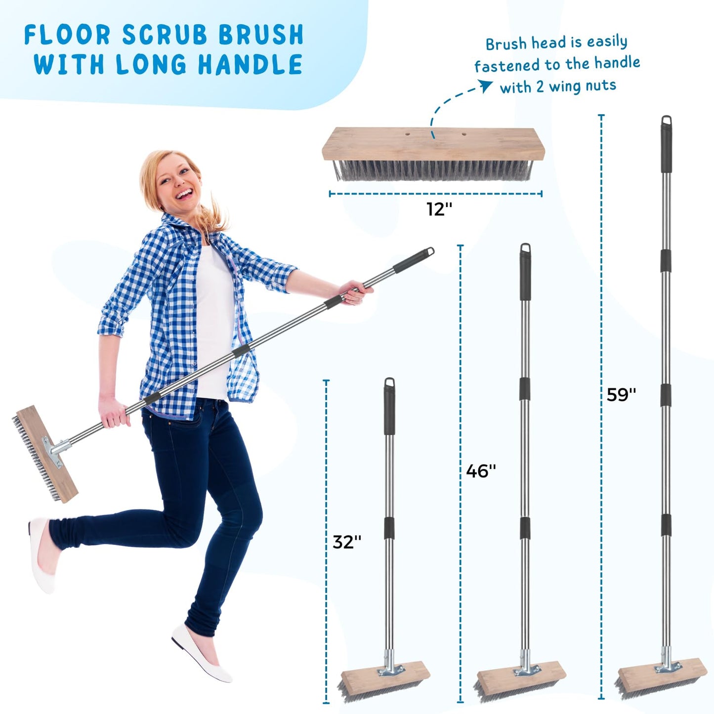 Stainless Steel Wire Scrub Brush with Long Handle for Deck, Concrete, Patio Floor Cleaning, 59'' Heavy Duty Stiff Metal Bristle Scrubber Broom for Outdoor Moss Removal