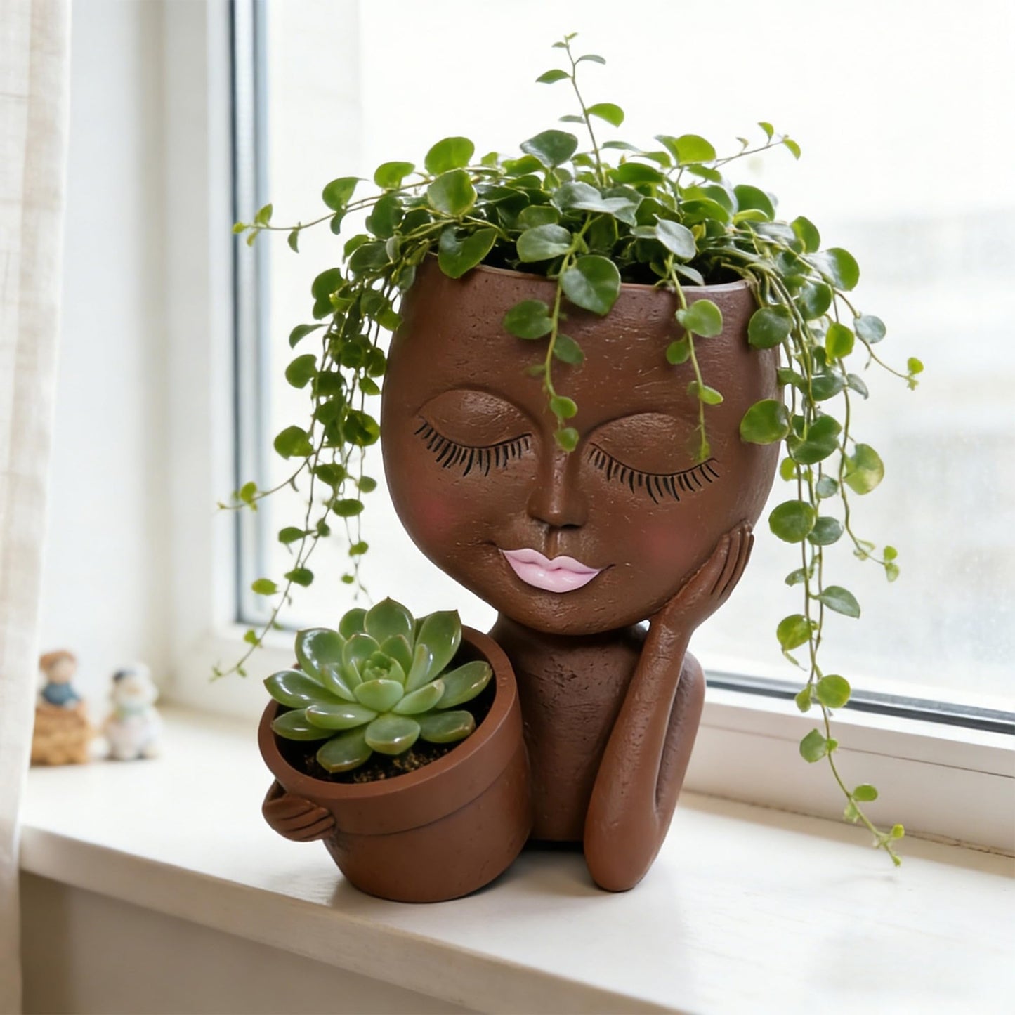 ASDFG Face Double Plant Pot - Cute Succulent Head Planters Indoor Outdoor Decor, Resin Flower Pots with Drainage Hole, Unique Ideal Present, Gifts for Women/Mother