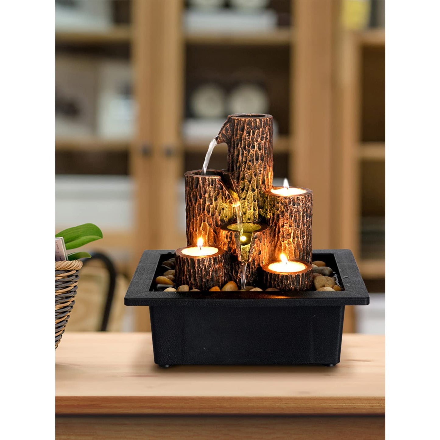 Tabletop Fountains Rock Waterfall Fountain with Rotating Ball and LED Lights, Water Feature Includes Natural River Rocks for Home Office Decor (C)