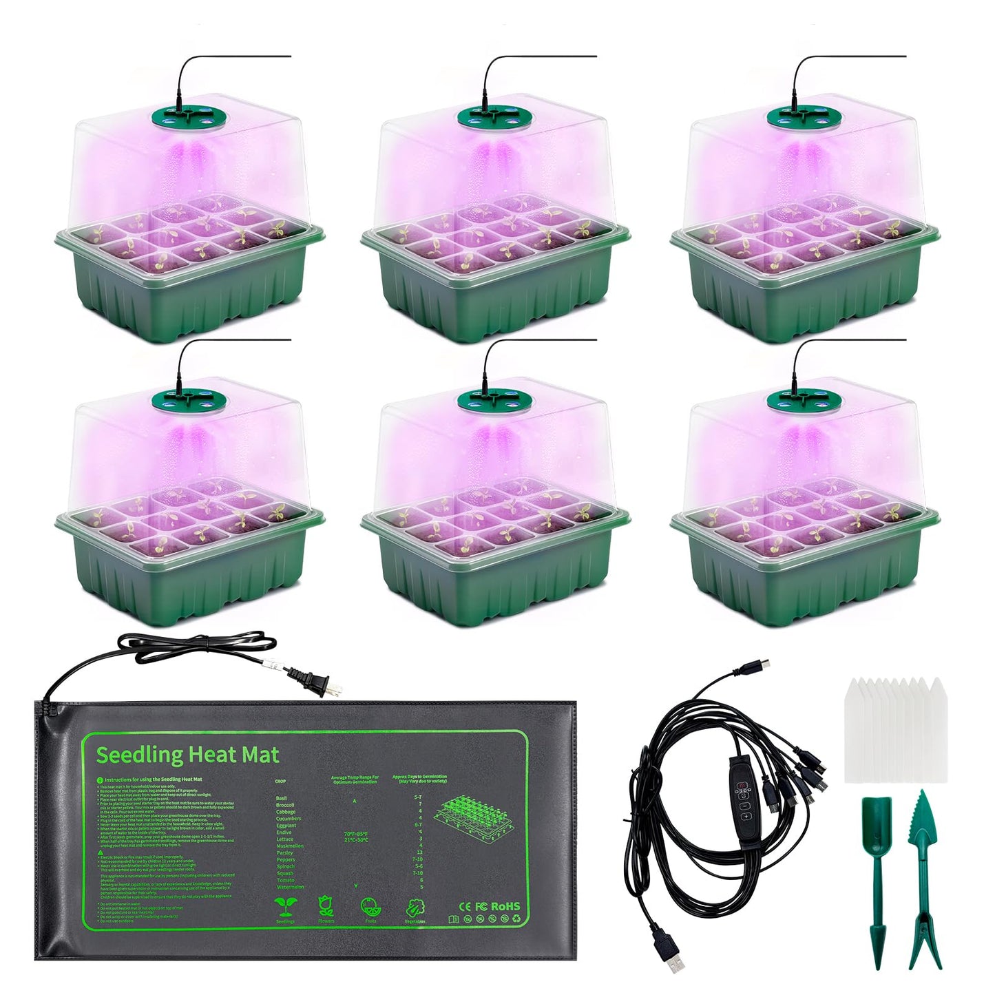 KEOHOLI Seed Starter Kit with Grow Light and Heat Mat, 6 Pack 12-Cell Seedling Trays with LED Panels, Adjustable Timer & Dimmer Indoor Plant Propagation Station for Herbs, Vegetables, Flowers