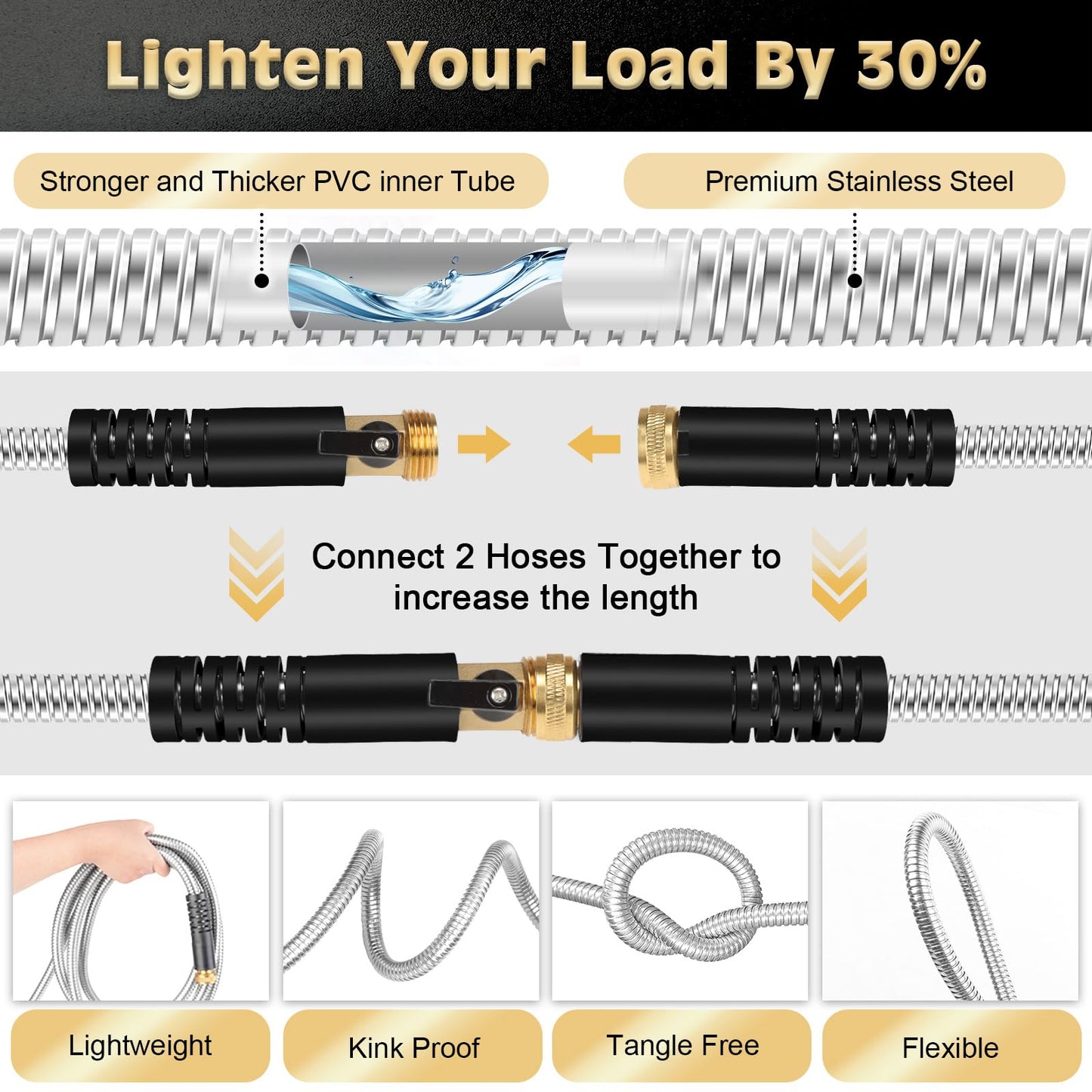 Metal Garden Hose 50FT Stainless Steel Heavy Duty Flexible Lightweight Water Hoses Pipe with 10-Function Spray Nozzle and 3/4" Solid Brass Fittings No Kink Durable for Outdoor Yard & Lawn