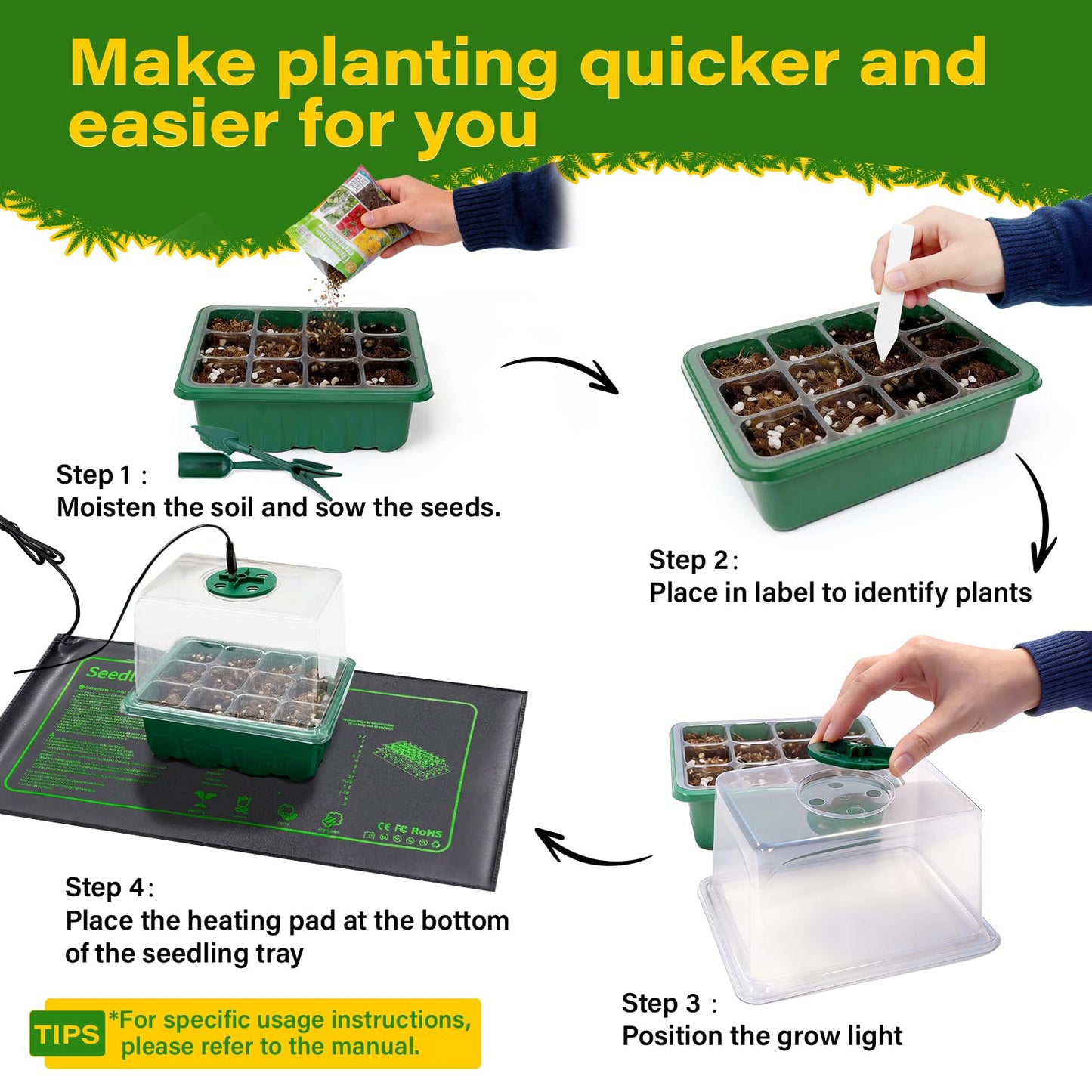 KEOHOLI Seed Starter Kit with Grow Light and Heat Mat, 6 Pack 12-Cell Seedling Trays with LED Panels, Adjustable Timer & Dimmer Indoor Plant Propagation Station for Herbs, Vegetables, Flowers