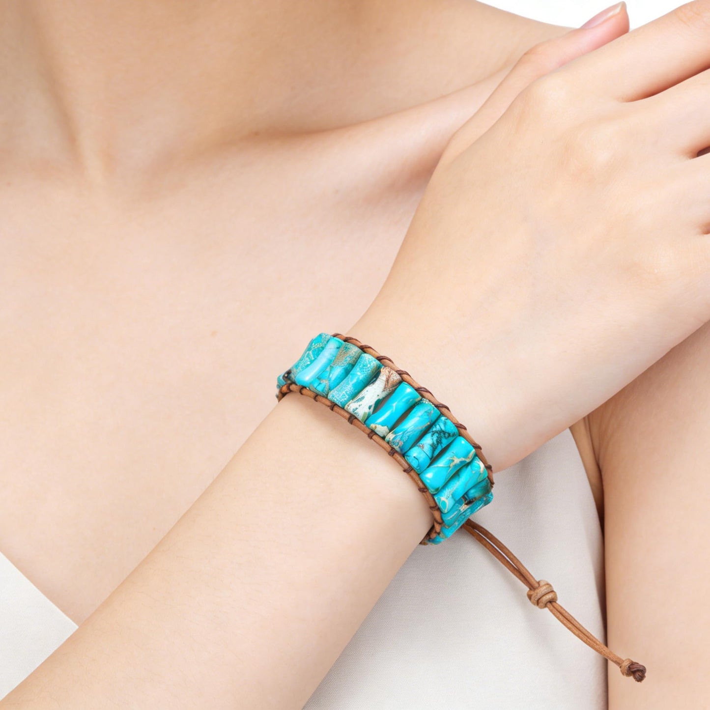 Plumiss Bohemian Turquoise Blue Imperial Stone Bracelet - Adjustable Leather Wrap Chakra Bracelet for Women Men, Handmade Colorful Energy Stone Yoga Jewelry Gift