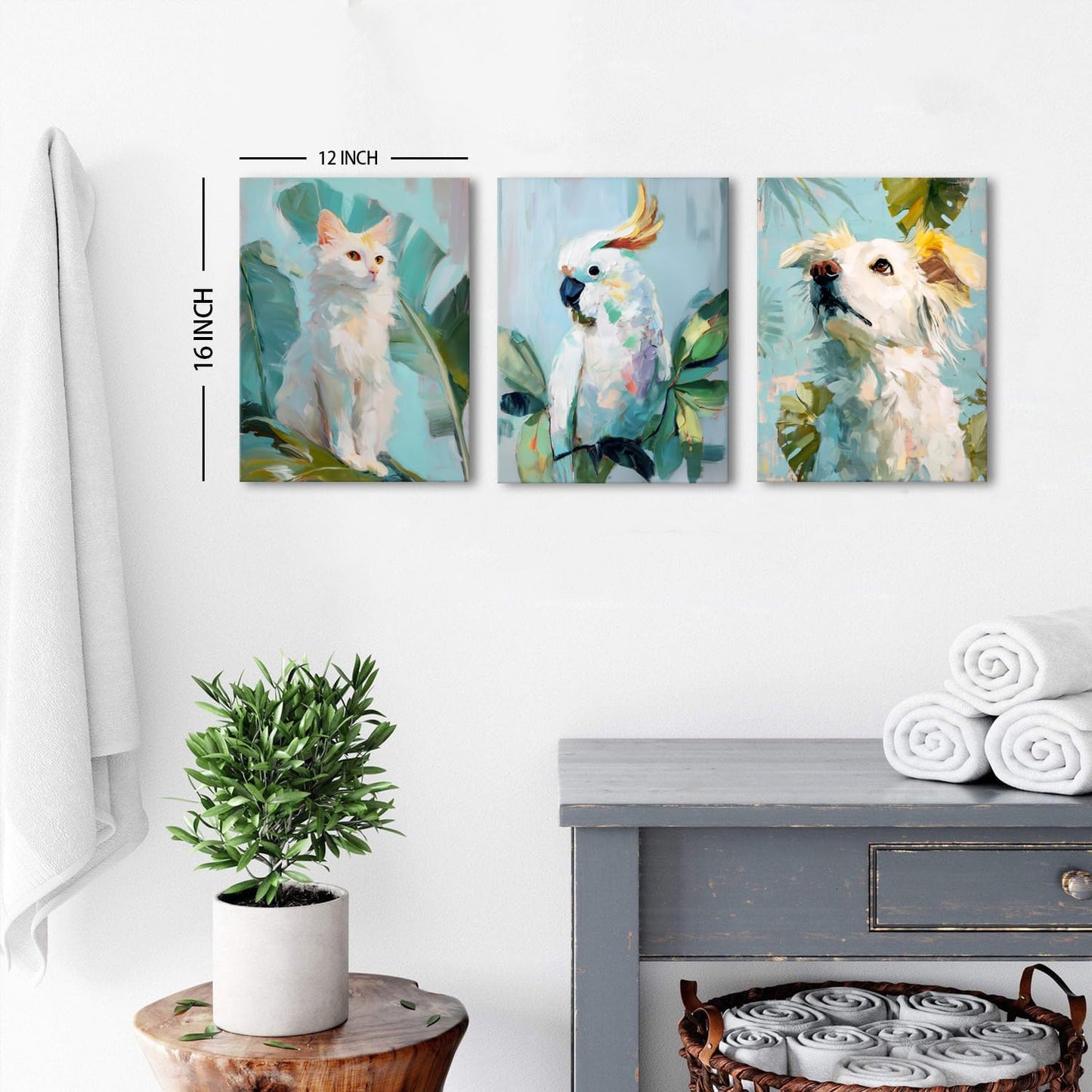 Family Pets Wall Art Cute Abstract Animal Wall Decor for Bedroom Nursery Cat Parrot Dog Pictures Boho Tropical Botanical Leaves Canvas Painting Modern Artwork Living Room Bathroom Decoration 12x16" 3P