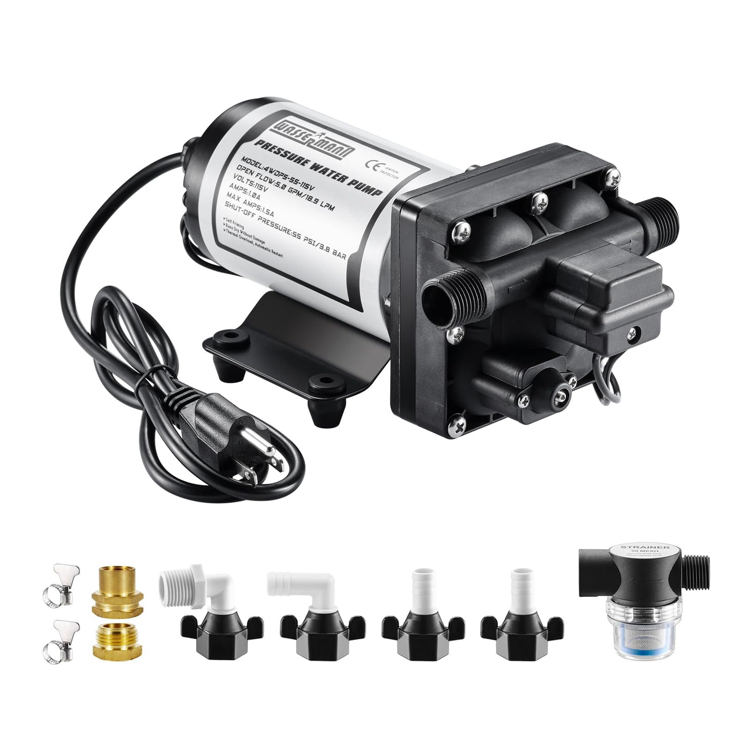WASSERMANN RV Water Pumps Pressure Pump 115V AC with Pressure Switch, Self-priming Water Pump 5.0GPM 55PSI, Fresh Water Pump for RV Kitchen Barthroom Marine Yacht Garden Diaphragm Pump