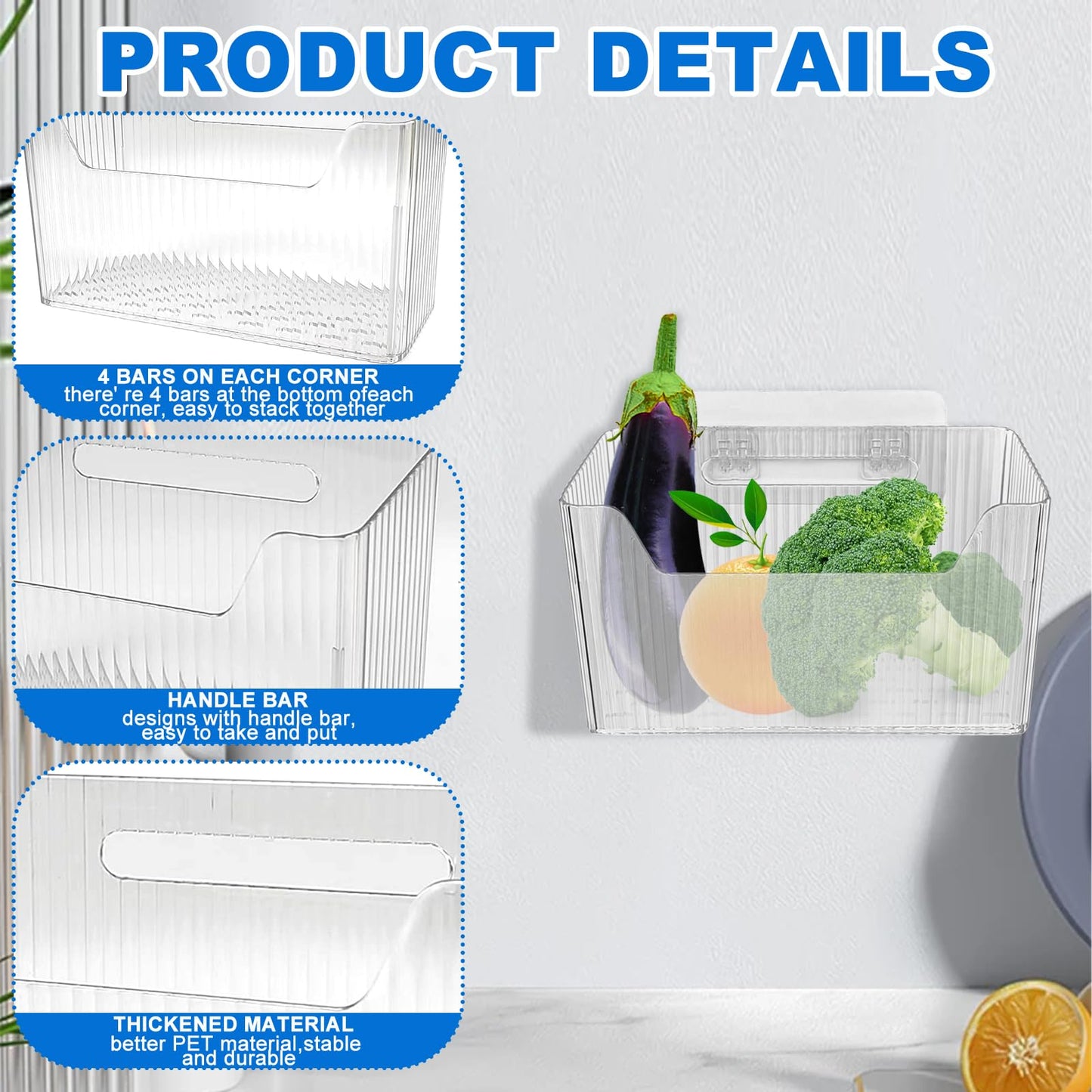 6Pcs Storage Organizer Bins Wall Mounted Organizer Basket Large Size Clear Plastic Makeup Organizer Adhesive Hanging Bin for Bathroom Kitchen Pantry