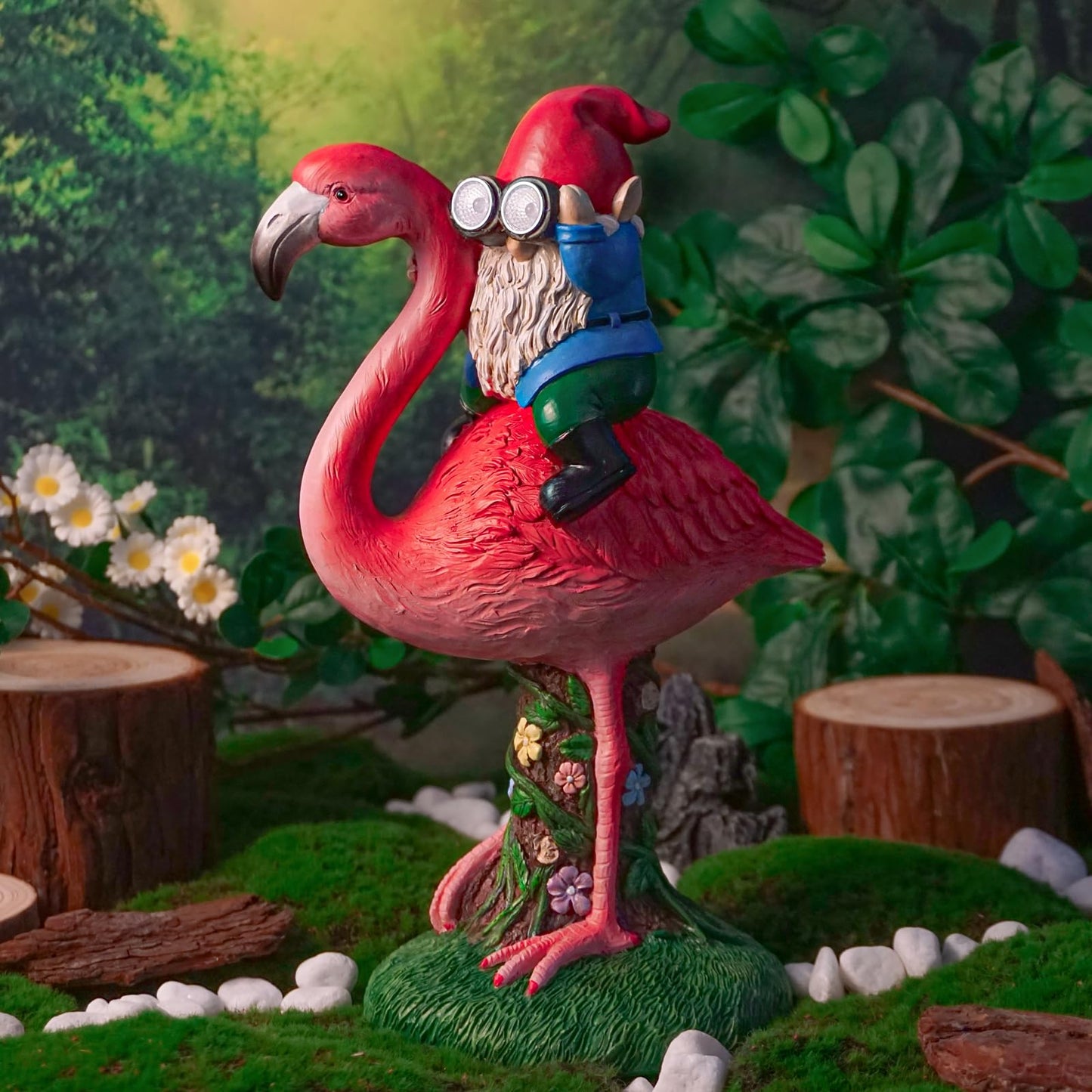 ArtTerpnica Solar Flamingo Gnome Garden Decor Statue, Outdoor Funny Solar Light Decoration for Yard, Patio, Lawn, Unique Housewarming, Birthday Gift for Women, Mom, Grandma