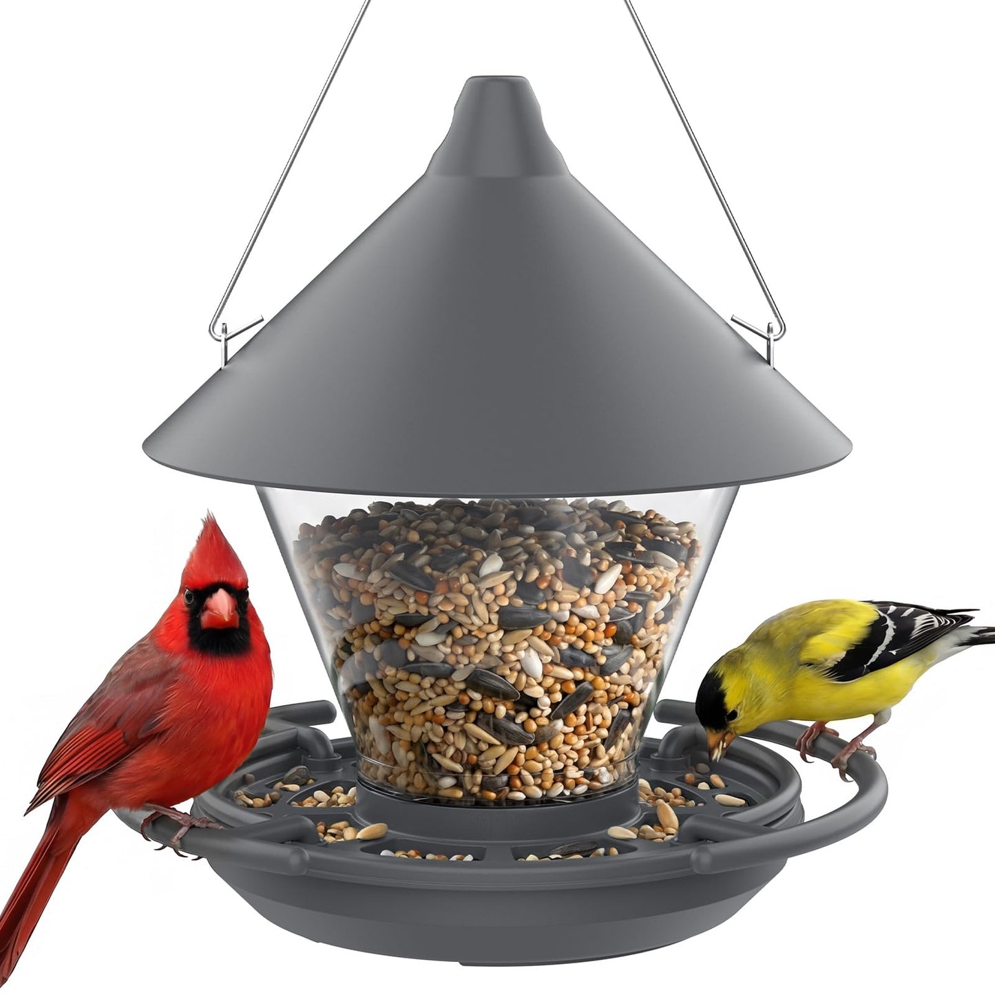 Kingsyard Wild Bird Feeder for Outdoors Hanging, No-Waste Tray with Seed Guard & Circular Perch, Garden Yard for Cardinal Finch, 4 lb Large Capacity, Grey