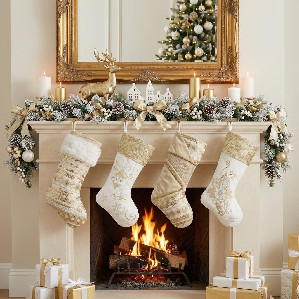 Valery Madelyn Christmas Stockings Decorations, 21 Inch Fabric 2 Pack White Gold Corrugation Exquisite Plush Personalized Fireplace Hanging Ornament for Holiday Xmas Party Decor
