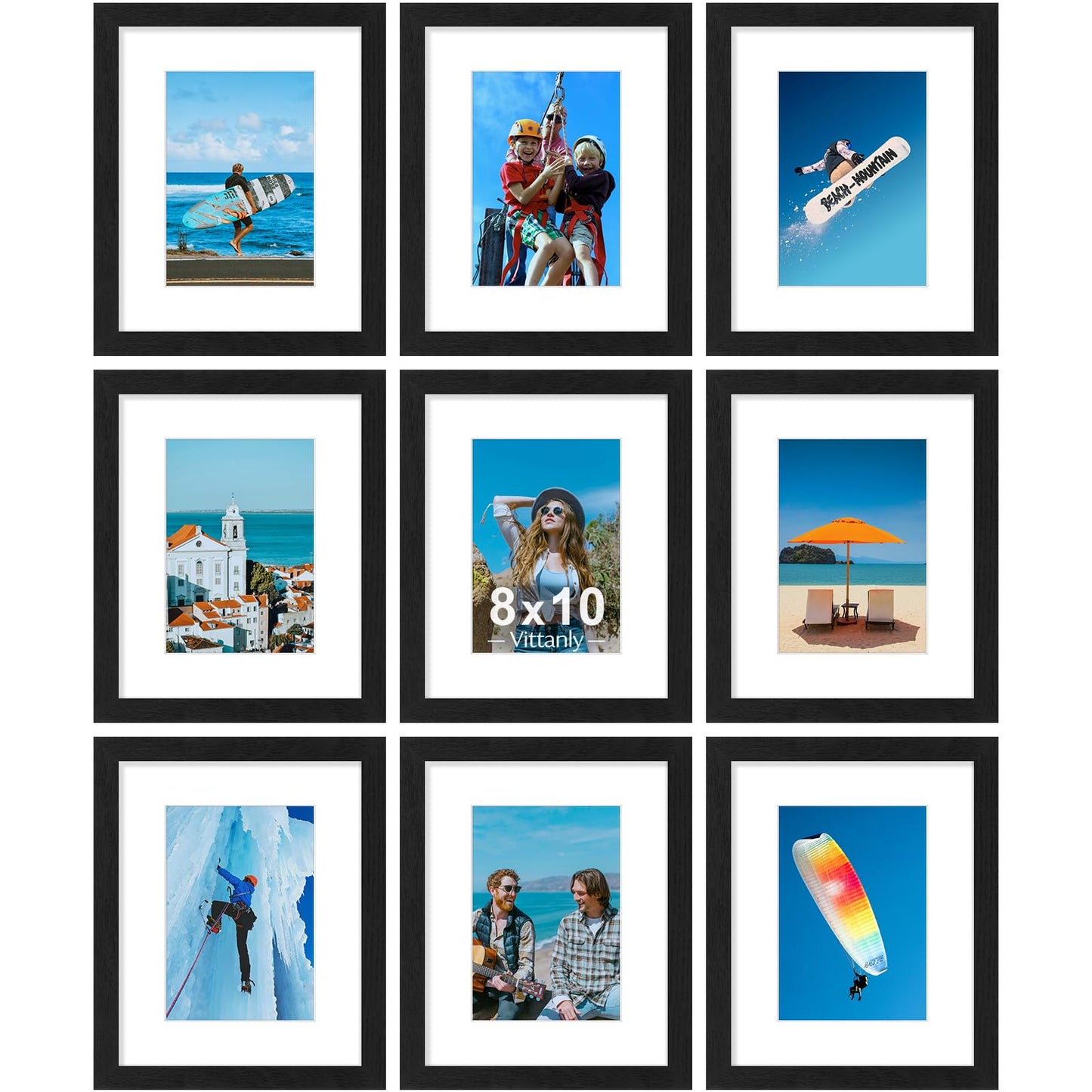 Vittanly 8x10 Picture Frames Set of 9, Shatter Resistant Plexiglass, Display 5x7 Pictures with Mat or 8x10 without Mat, Photo Frames for Wall or Tabletop, Engineered Wood, Black