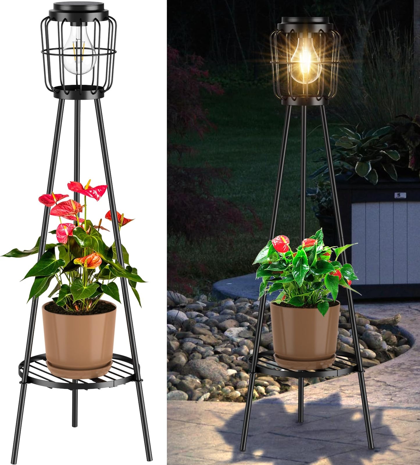 VISFLAIR Solar Lights with Plant Stand, Outdoor Floor Lamp, Waterproof Solar LED Edison Bulb Light Flower Shelf for Patio Porch Deck Yard Garden Decor-1 Pack