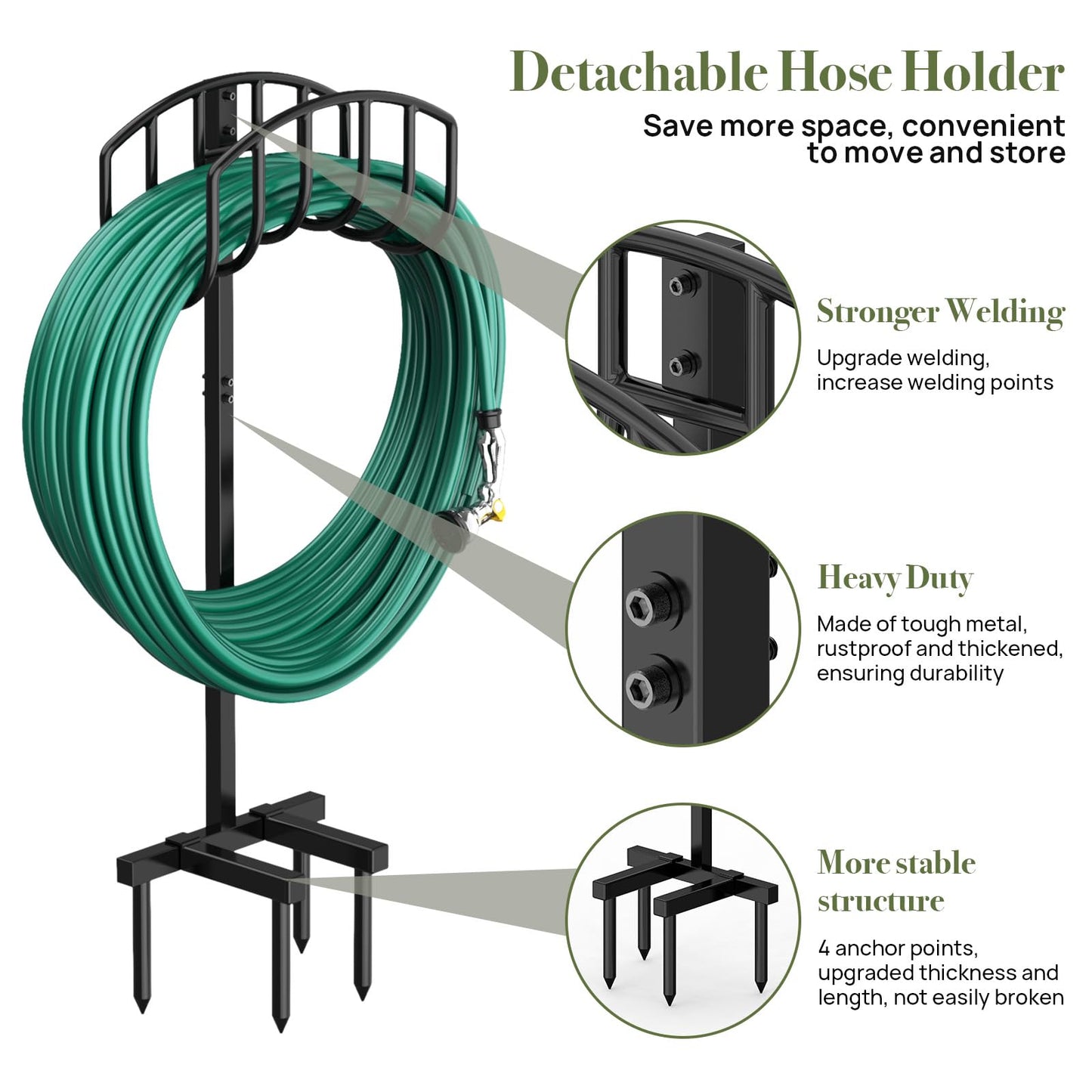 Winpull Garden Hose Holder Detachable Heavy Duty Metal Water Hose Hanger, Freestanding Hose Storage Stand Rack for Outside (Black)