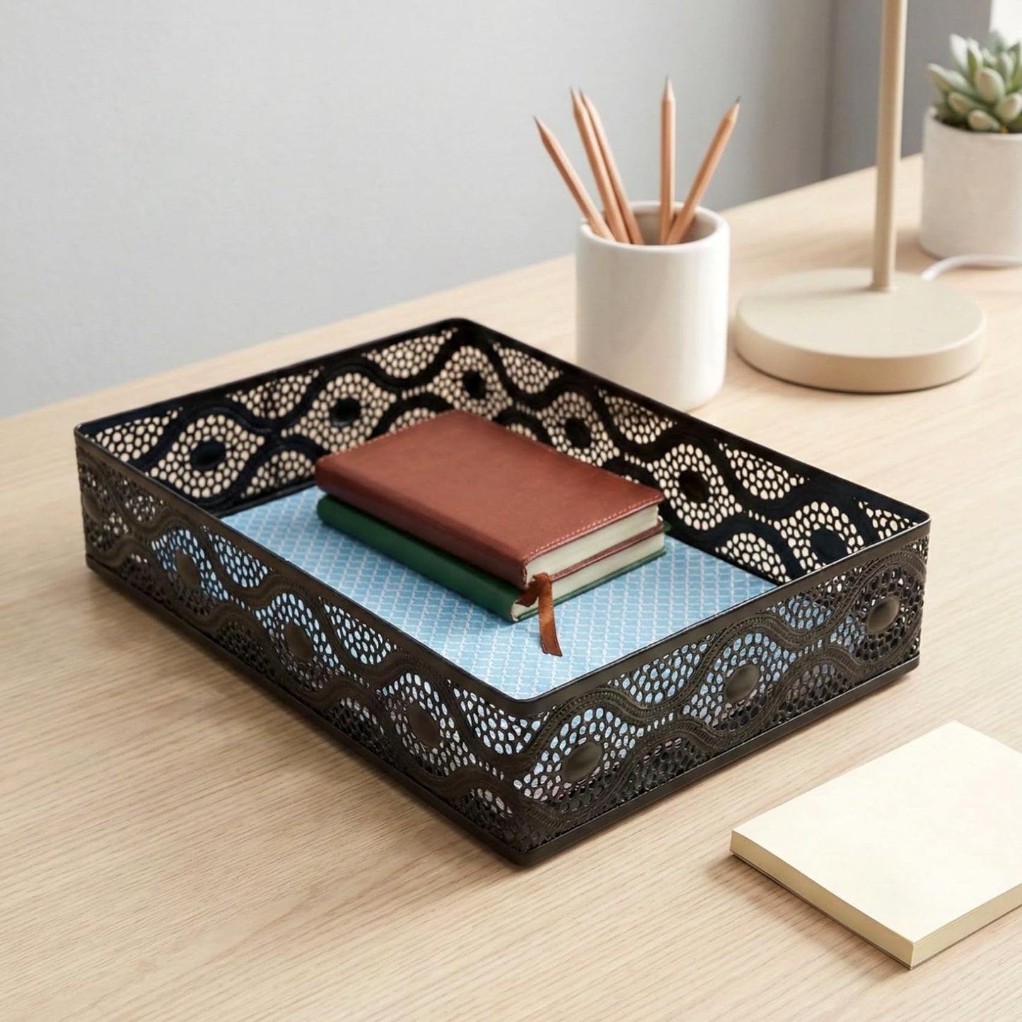 EsOfficce Desk Drawer Organizer, A4 Large Metal Mesh Desk Organizer Tray, Carved Hollow Floral Desk Tray, Versatile Storage Box Set for Office Home Supplies,13x9x3 inches (Curved,1 PC)